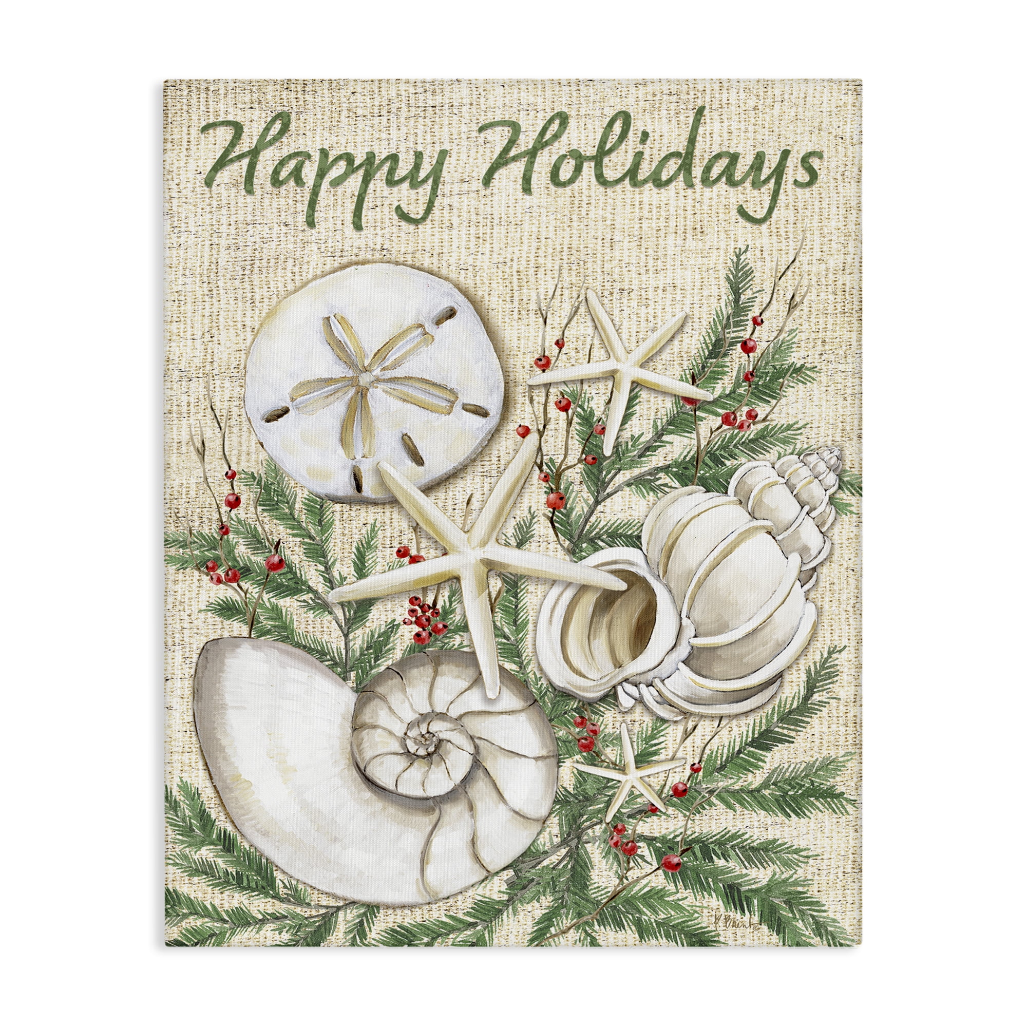 Stupell Industries Festive Seashells & Holly Holiday Painting Wrapped Canvas Art Print Wall Art, 16 x 20