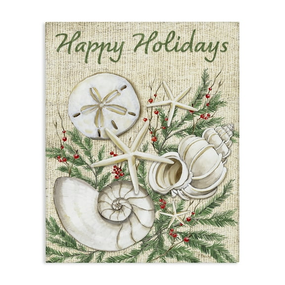 Stupell Industries Festive Seashells & Holly Holiday Painting Wrapped Canvas Art Print Wall Art, 16 x 20
