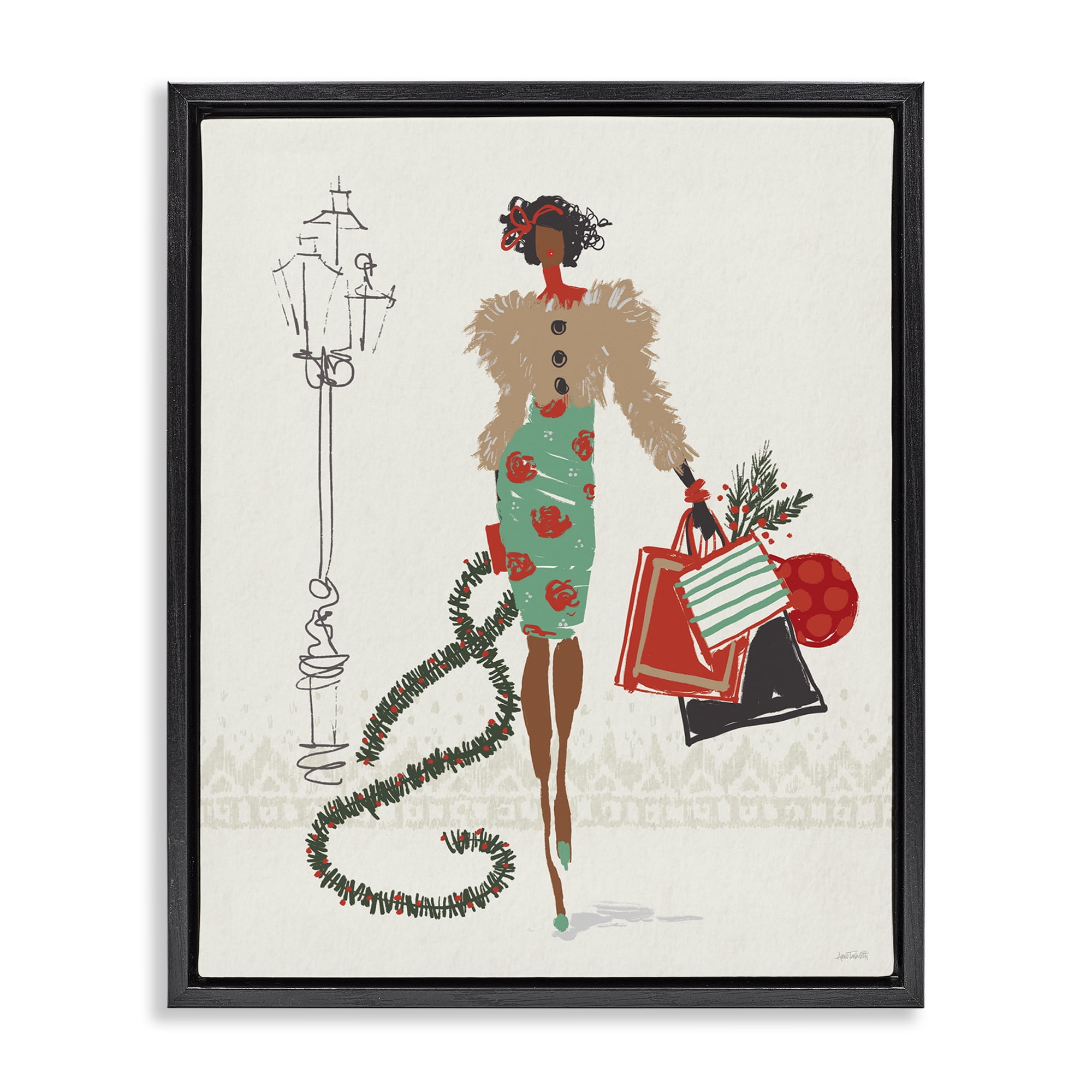 Stupell Industries Festive Shopping Girl Holiday Painting Black Floater Framed Canvas Art Prints Wall Art, 17 x 21