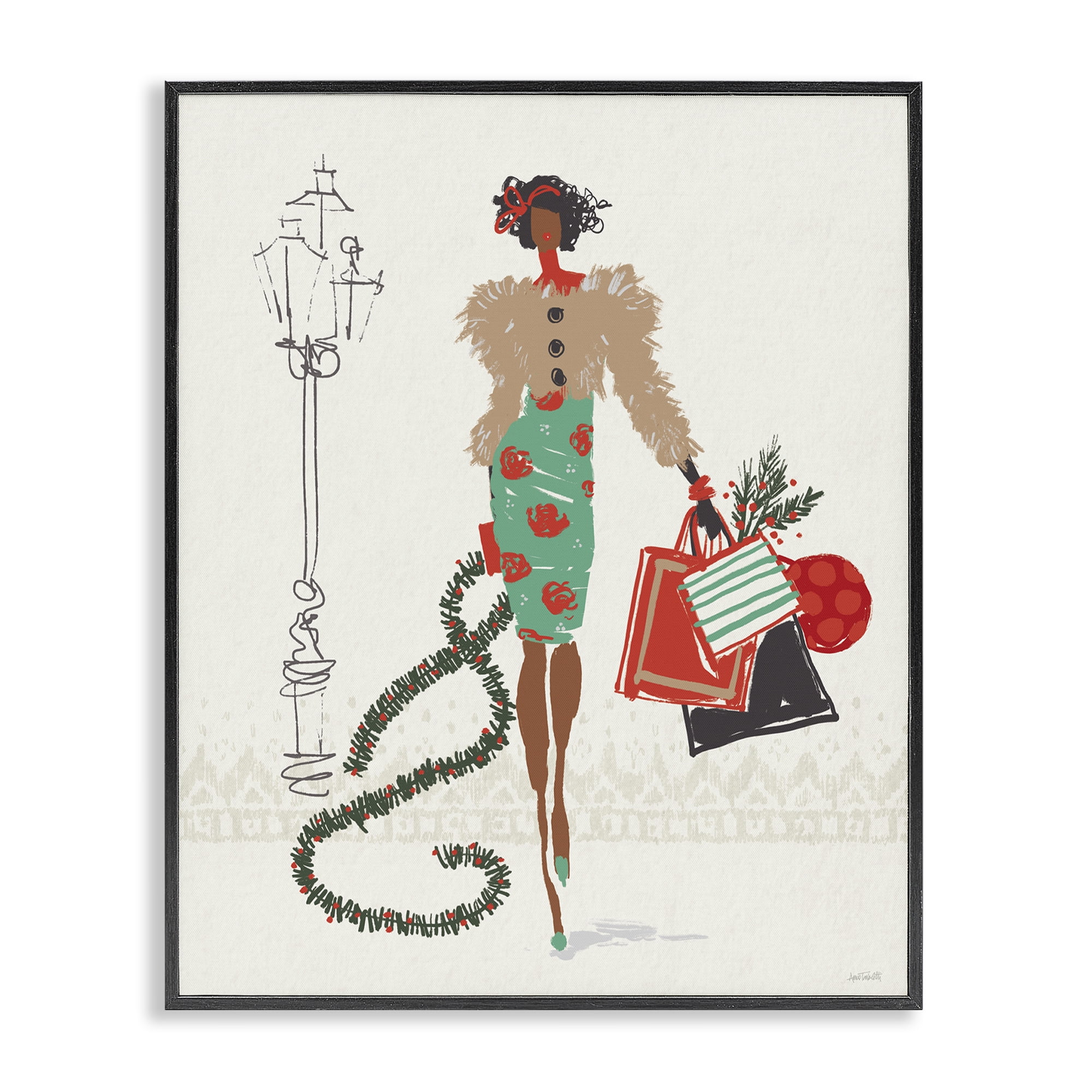 Stupell Industries Festive Shopping Girl Holiday Painting Black Framed Art Prints Wall Art, 16 x 20