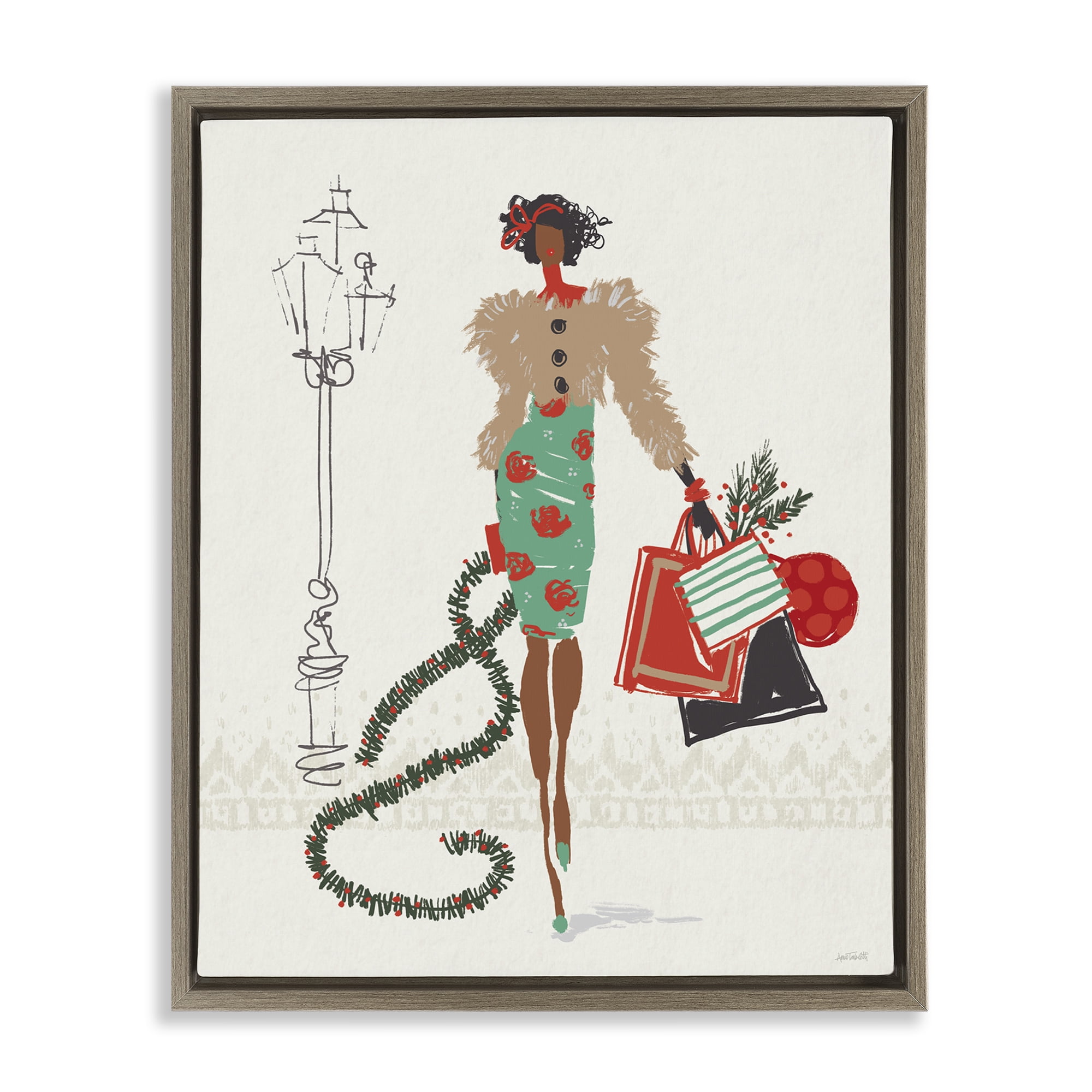 Stupell Industries Festive Shopping Girl Holiday Painting Brown Floater Framed Canvas Art Prints Wall Art, 25 x 31
