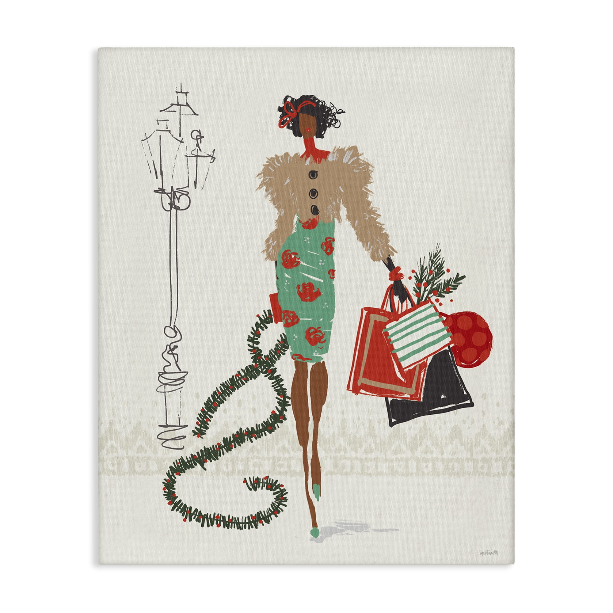 Stupell Industries Festive Shopping Girl Holiday Painting Gallery Wrapped Canvas Art Prints Wall Art, 36 x 48