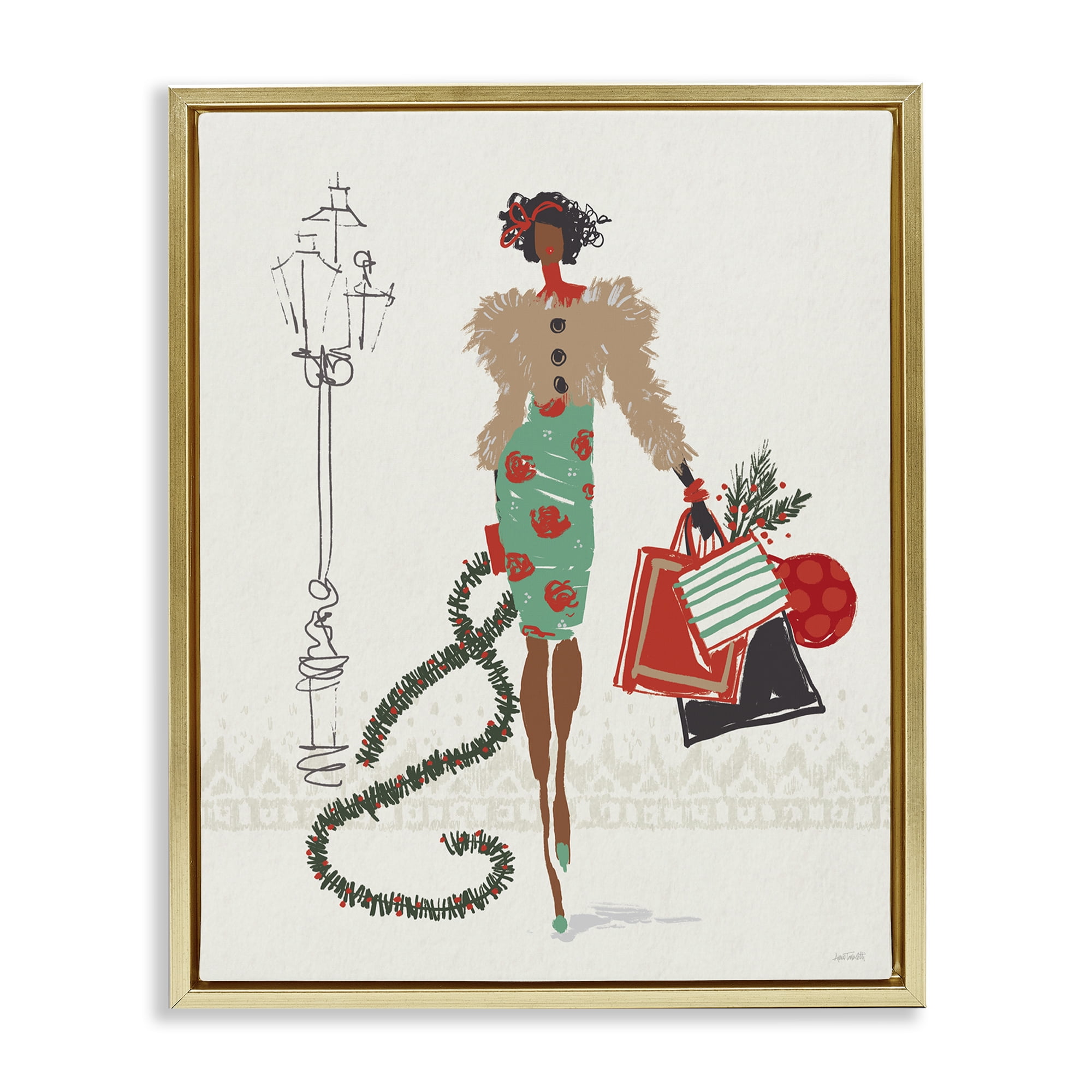 Stupell Industries Festive Shopping Girl Holiday Painting Gold Floater Framed Canvas Art Prints Wall Art, 17 x 21