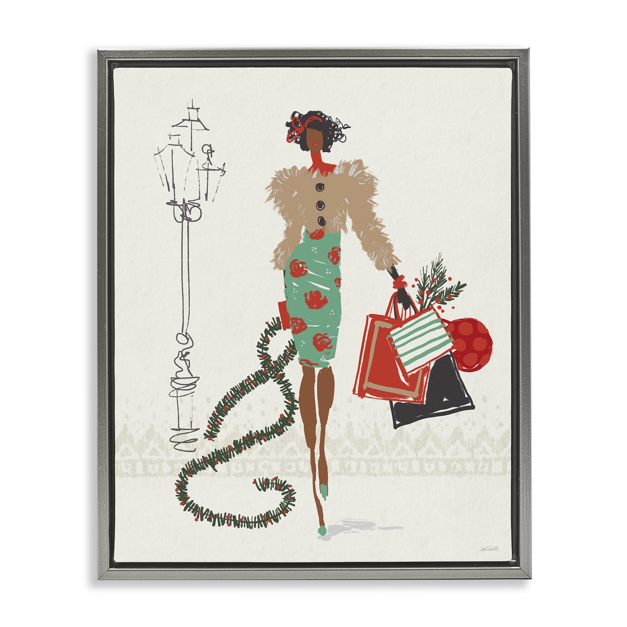 Stupell Industries Festive Shopping Girl Holiday Painting Gray Floater Framed Canvas Art Prints Wall Art, 25 x 31