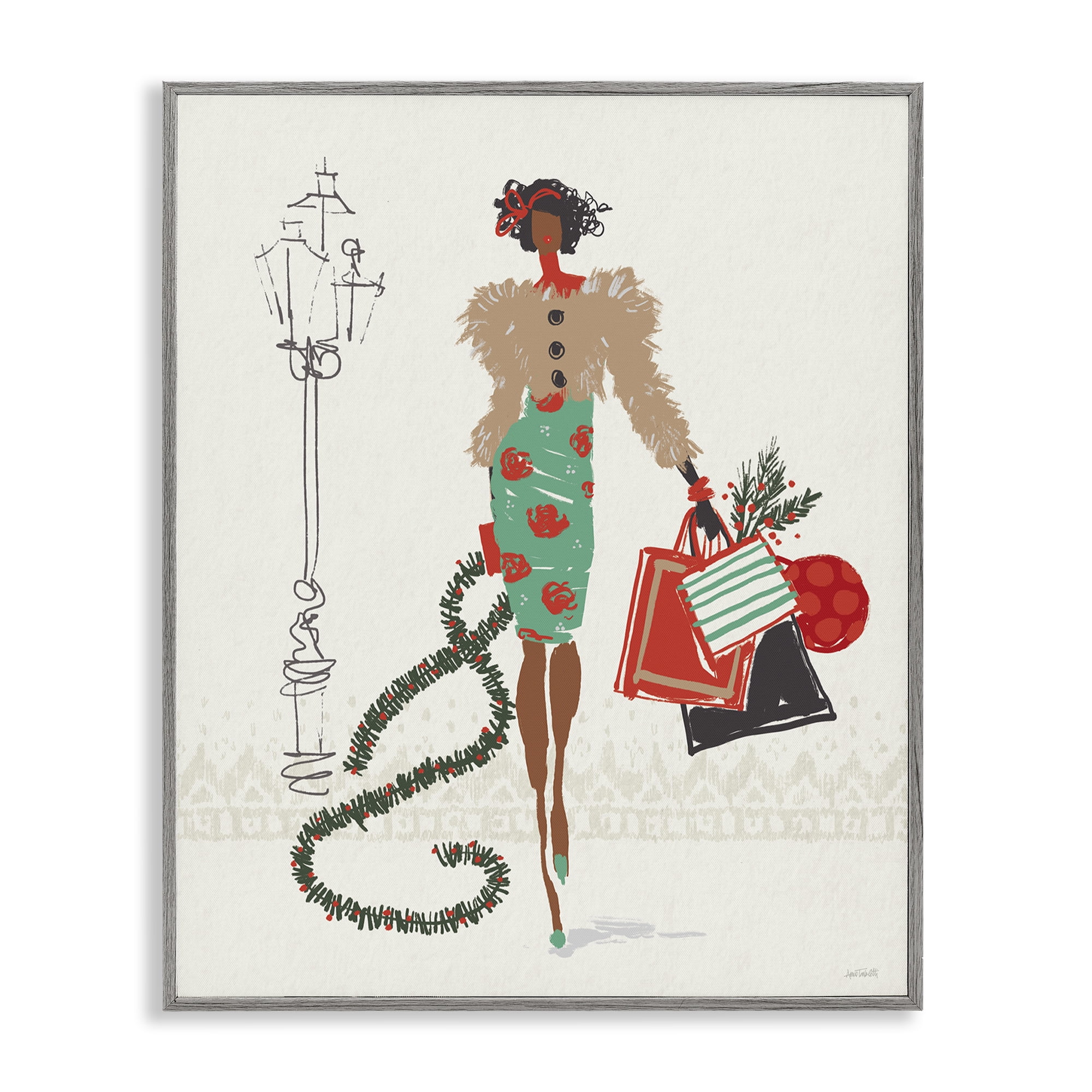 Stupell Industries Festive Shopping Girl Holiday Painting Gray Framed Art Prints Wall Art, 11 x 14