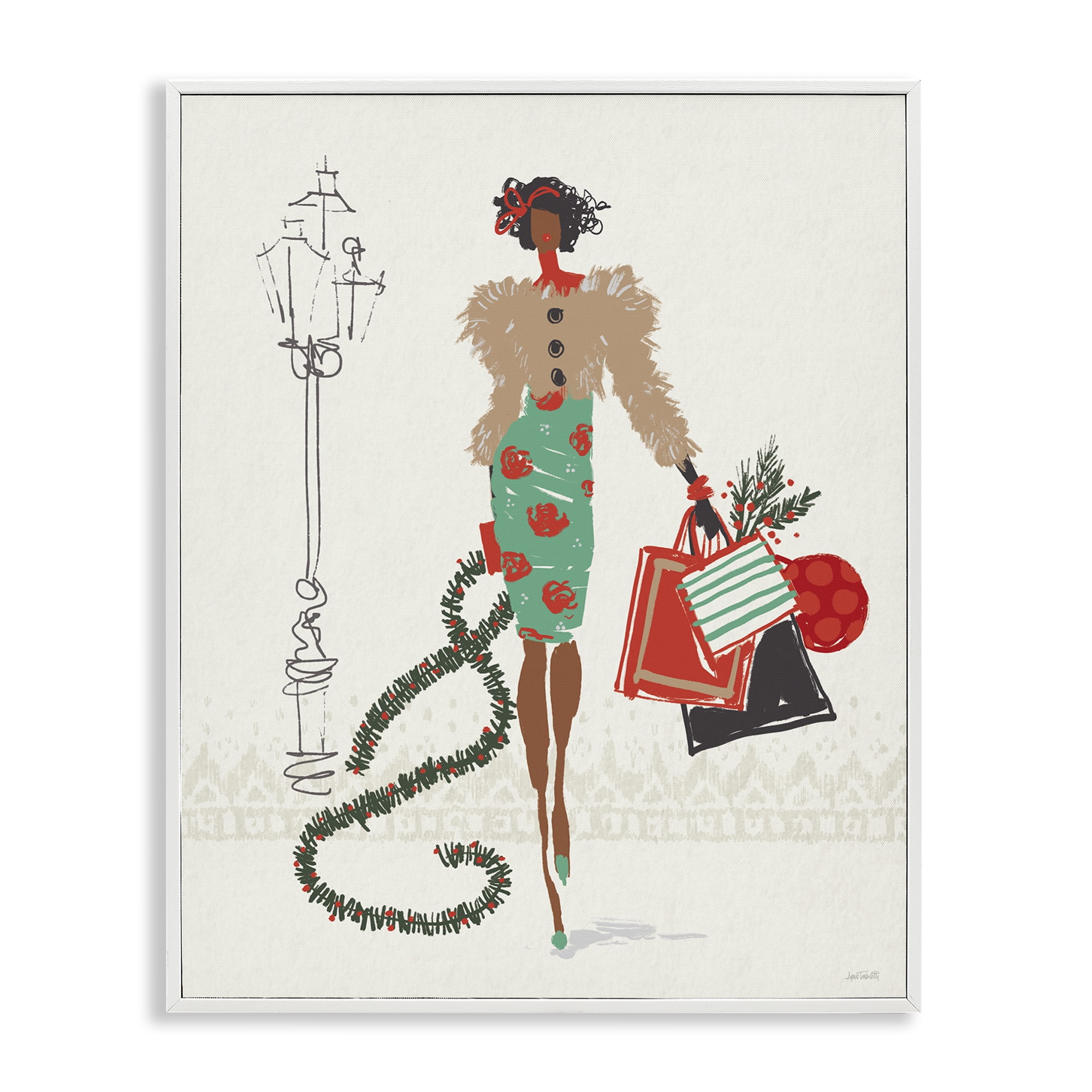 Stupell Industries Festive Shopping Girl Holiday Painting White Framed Art Prints Wall Art, 24 x 30
