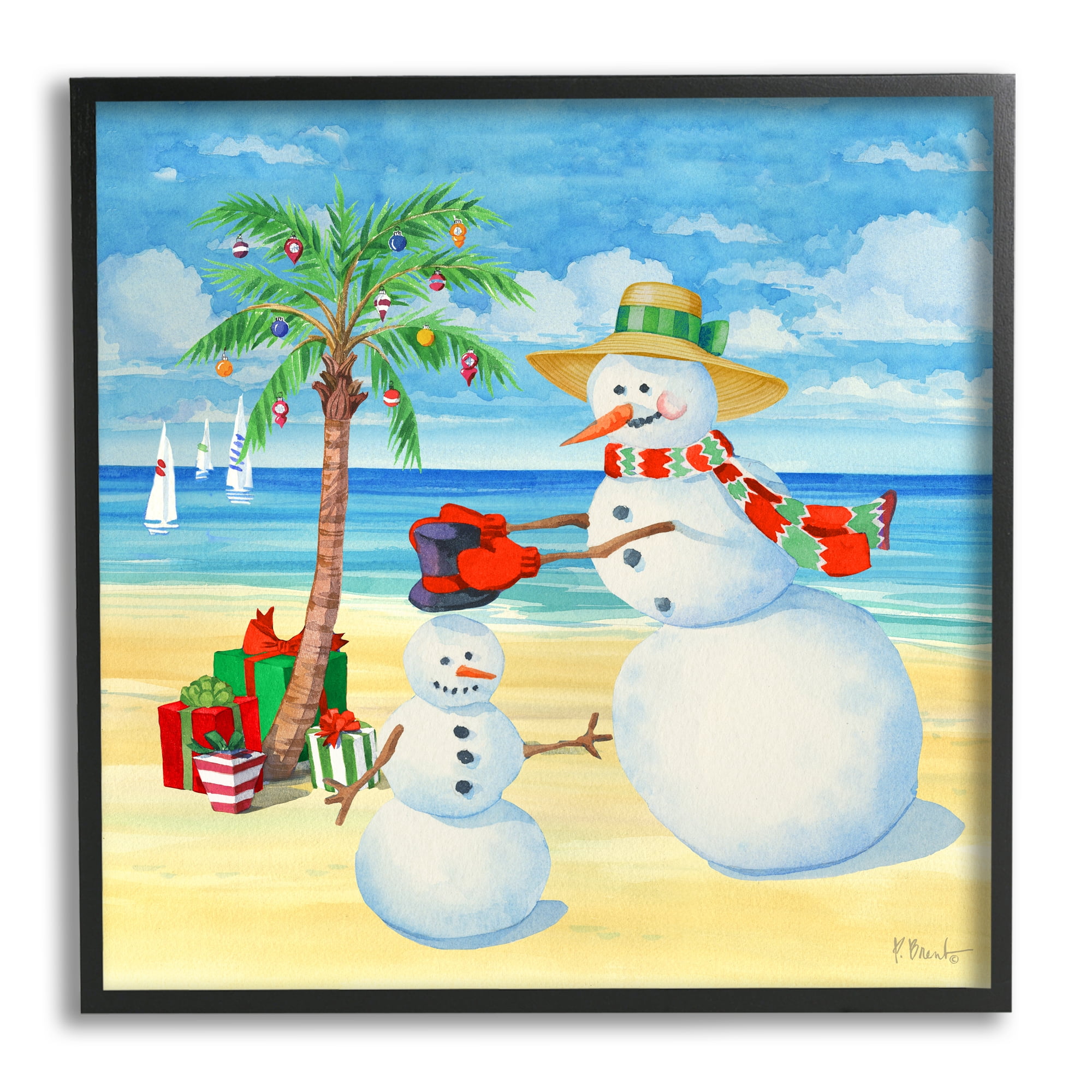 Stupell Industries Festive Snowman Beach Holiday Painting Black Framed Art Print Wall Art, 17 x 17