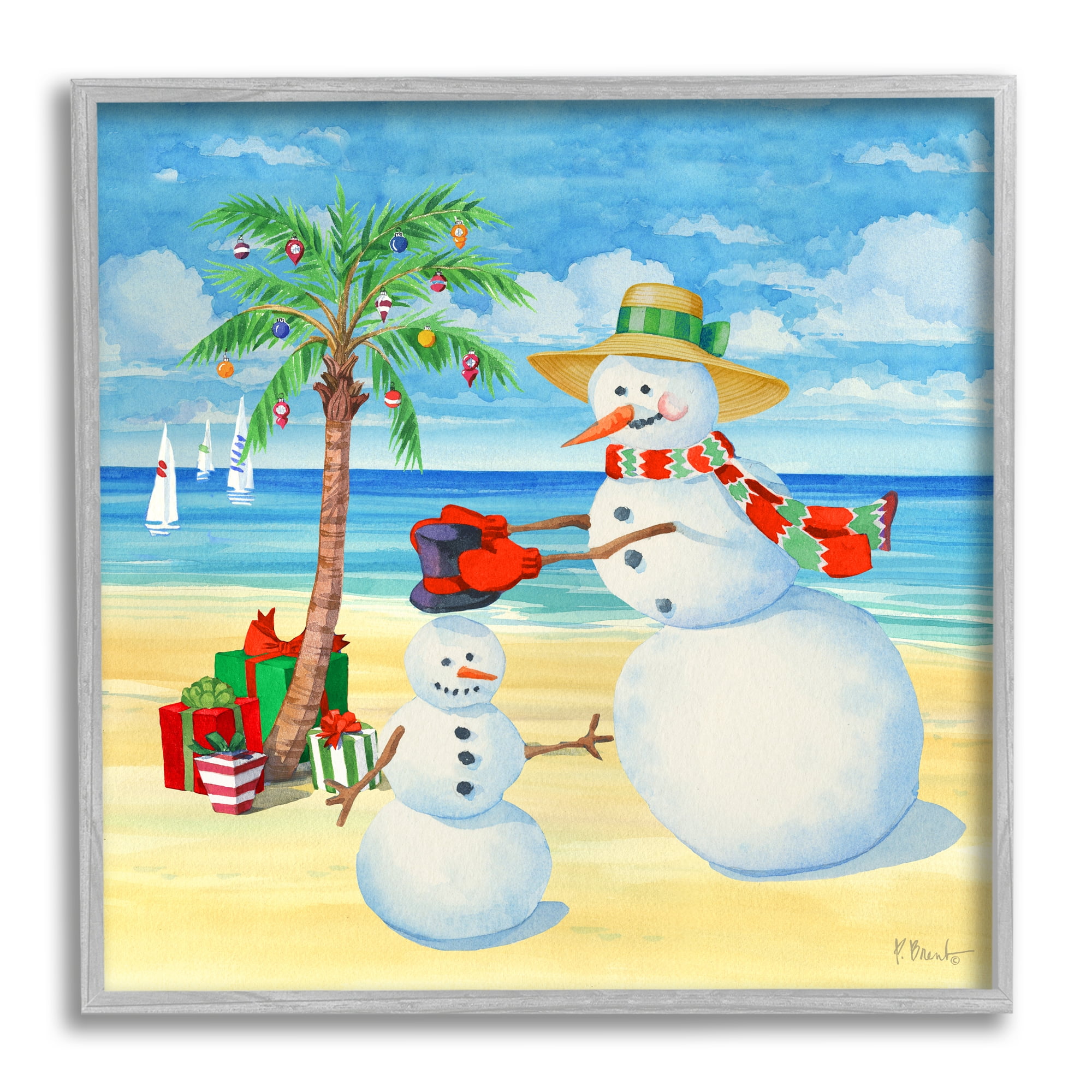 Stupell Industries Festive Snowman Beach Holiday Painting Gray Framed Art Print Wall Art, 17 x 17