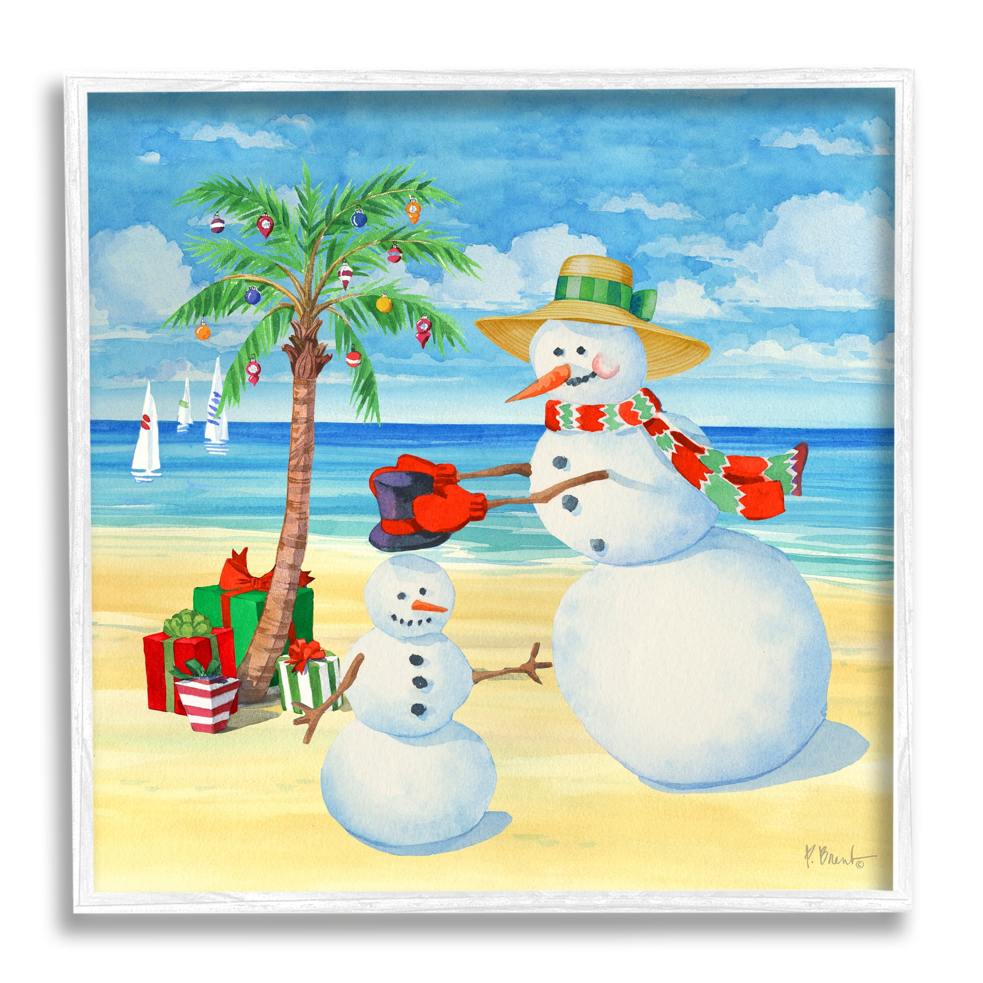 Stupell Industries Festive Snowman Beach Holiday Painting White Framed Art Print Wall Art, 17 x 17