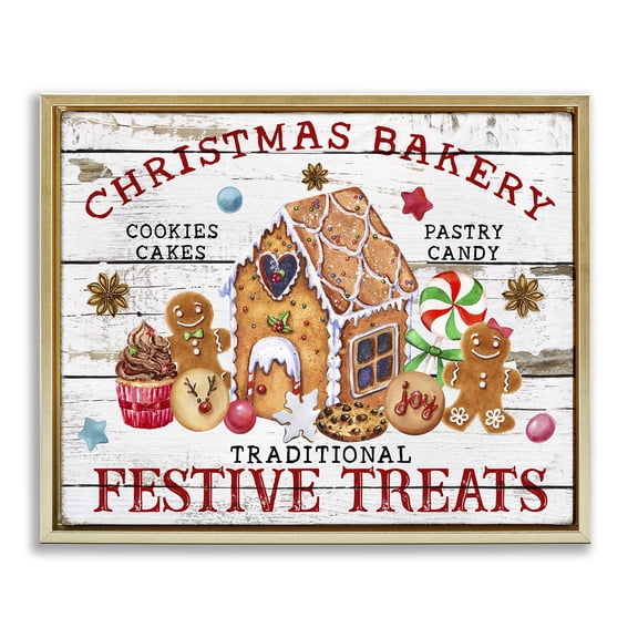Stupell Industries Festive Treats Bakery Holiday Painting Gold Floater Framed Canvas Art Prints Wall Art, 31 x 25