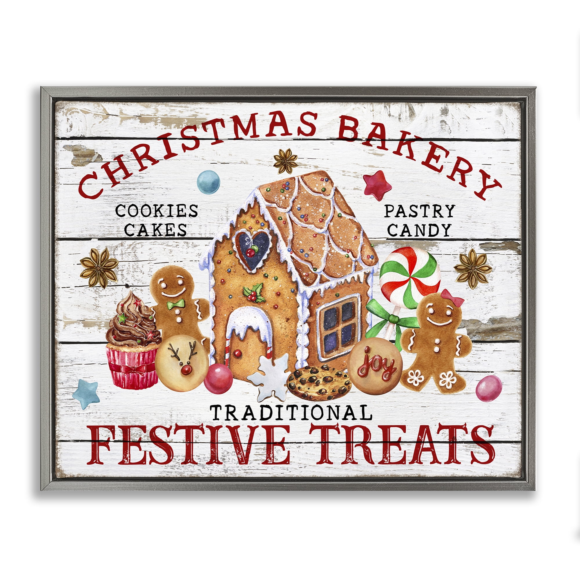 Stupell Industries Festive Treats Bakery Holiday Painting Gray Floater Framed Canvas Art Prints Wall Art, 21 x 17