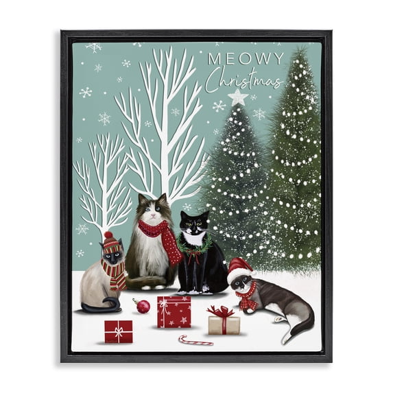 Stupell Industries Festive Winter Cats Scene Animals Painting Black Floater Framed Canvas Art Print Wall Art, 25 x 31