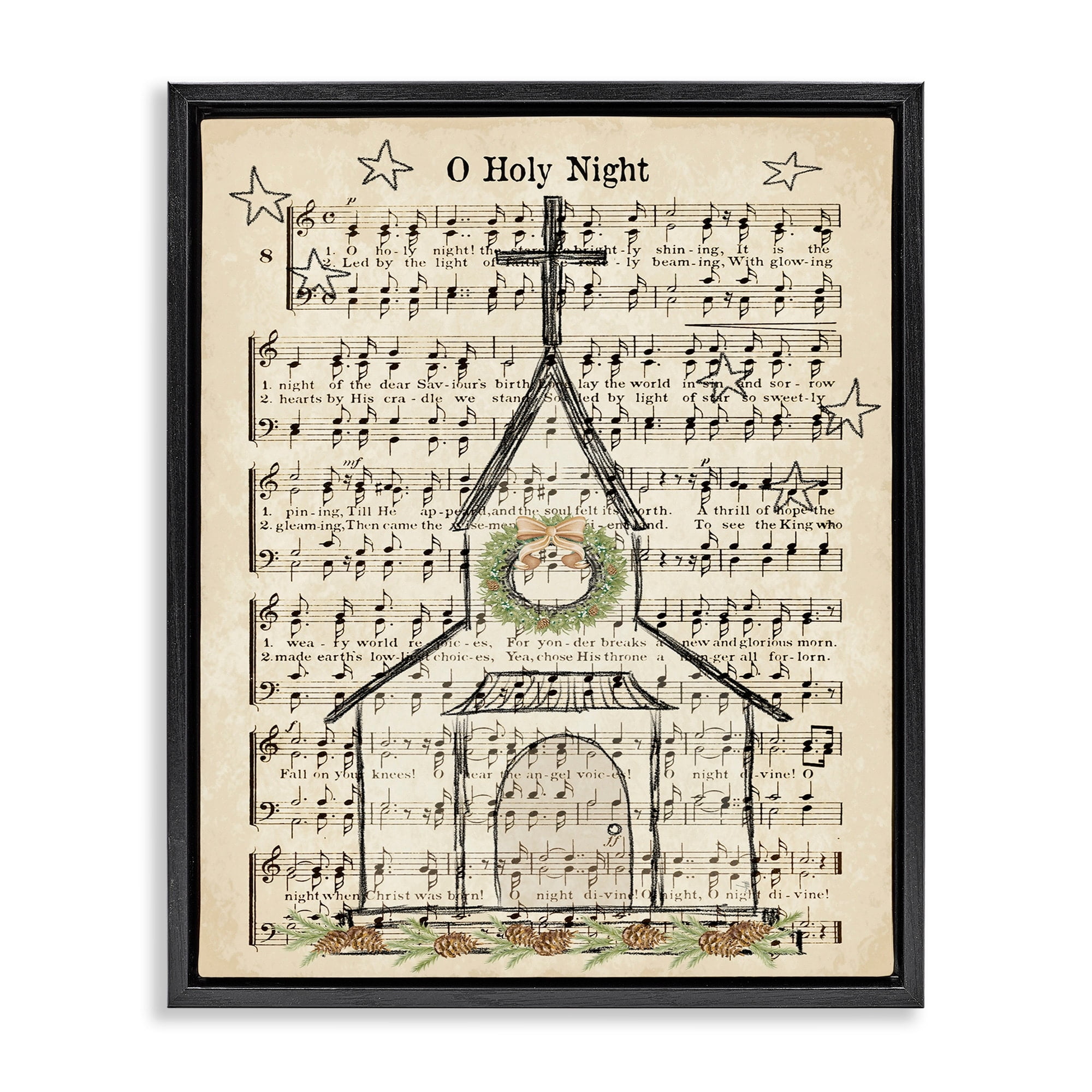 Stupell Industries Festive Winter Church Holy Night Musical Script Jet Black Framed Floating Canvas Wall Art, 16x20, by Andi Metz