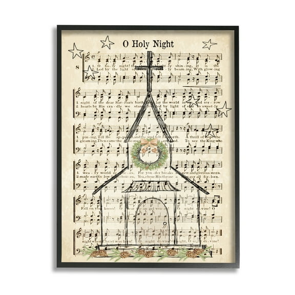 Stupell Industries Festive Winter Church Holy Night Musical Script Religious Painting Black Framed Art Print Wall Art, 11 x 14