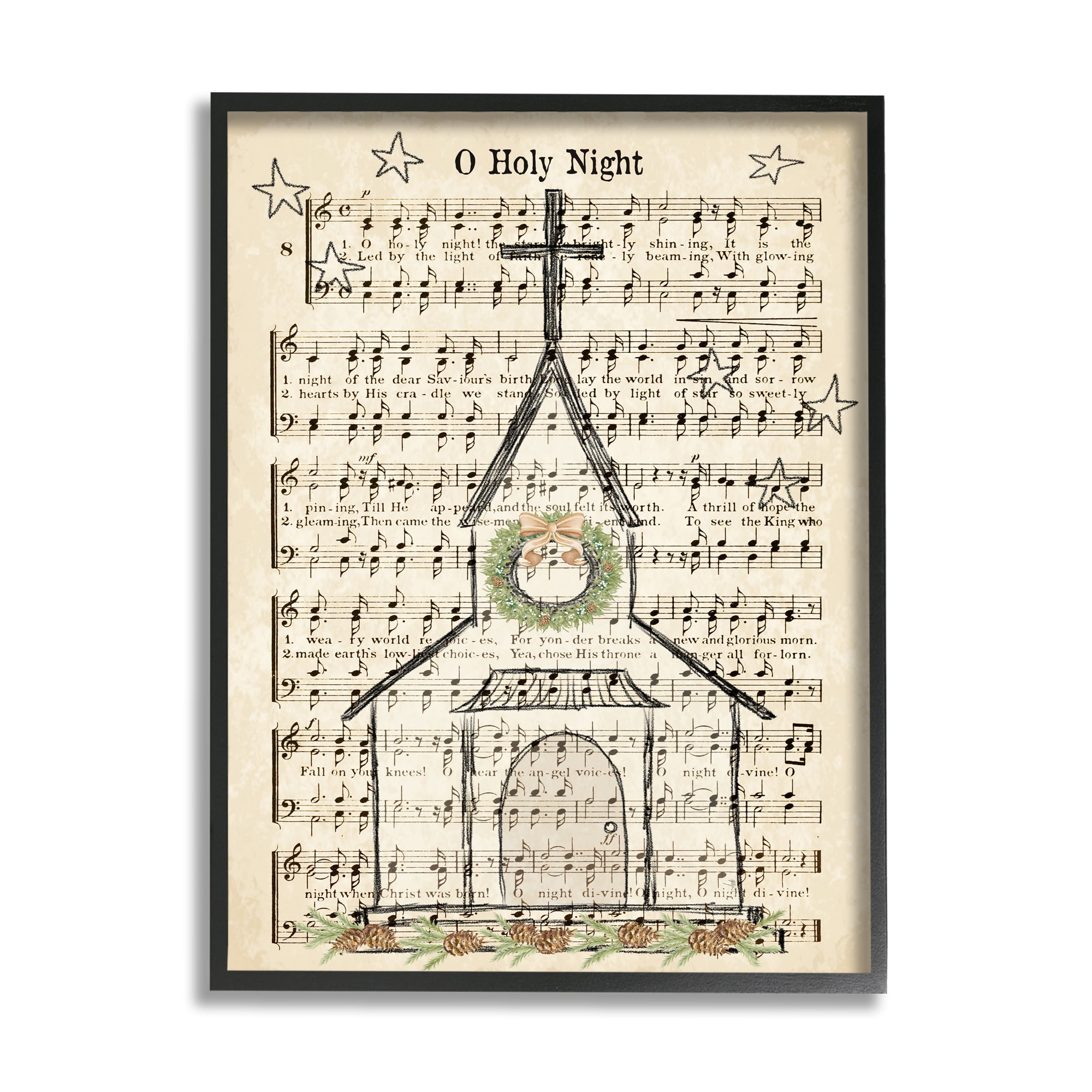 Stupell Industries Festive Winter Church Holy Night Musical Script Religious Painting Black Framed Art Print Wall Art, 24 x 30