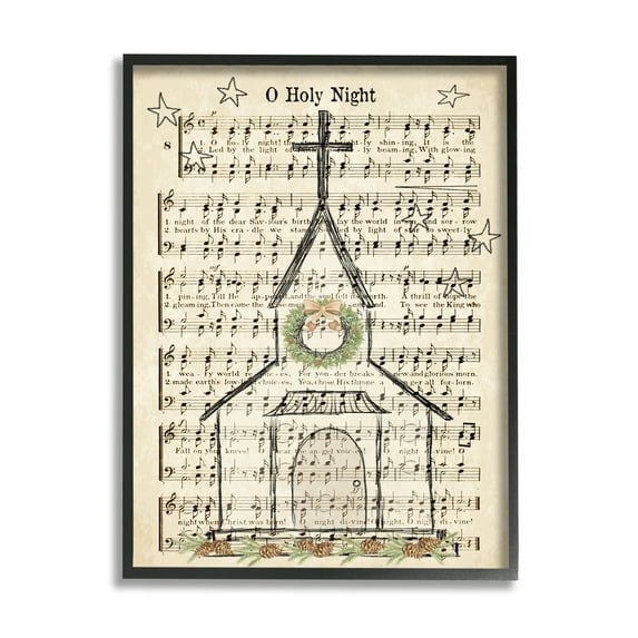 Stupell Industries Festive Winter Church Holy Night Musical Script Religious Painting Black Framed Art Print Wall Art, 24 x 30