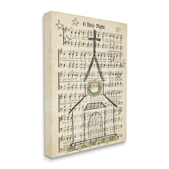 Stupell Industries Festive Winter Church Holy Night Musical Script Religious Painting Gallery Wrapped Canvas Print Wall Art, 16 x 20