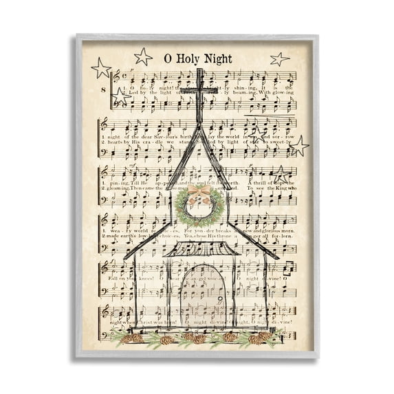 Stupell Industries Festive Winter Church Holy Night Musical Script Religious Painting Gray Framed Art Print Wall Art, 11 x 14