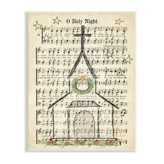 Stupell Industries Festive Winter Church Holy Night Musical Script Religious Painting Unframed Art Print Wall Art, 10 x 15