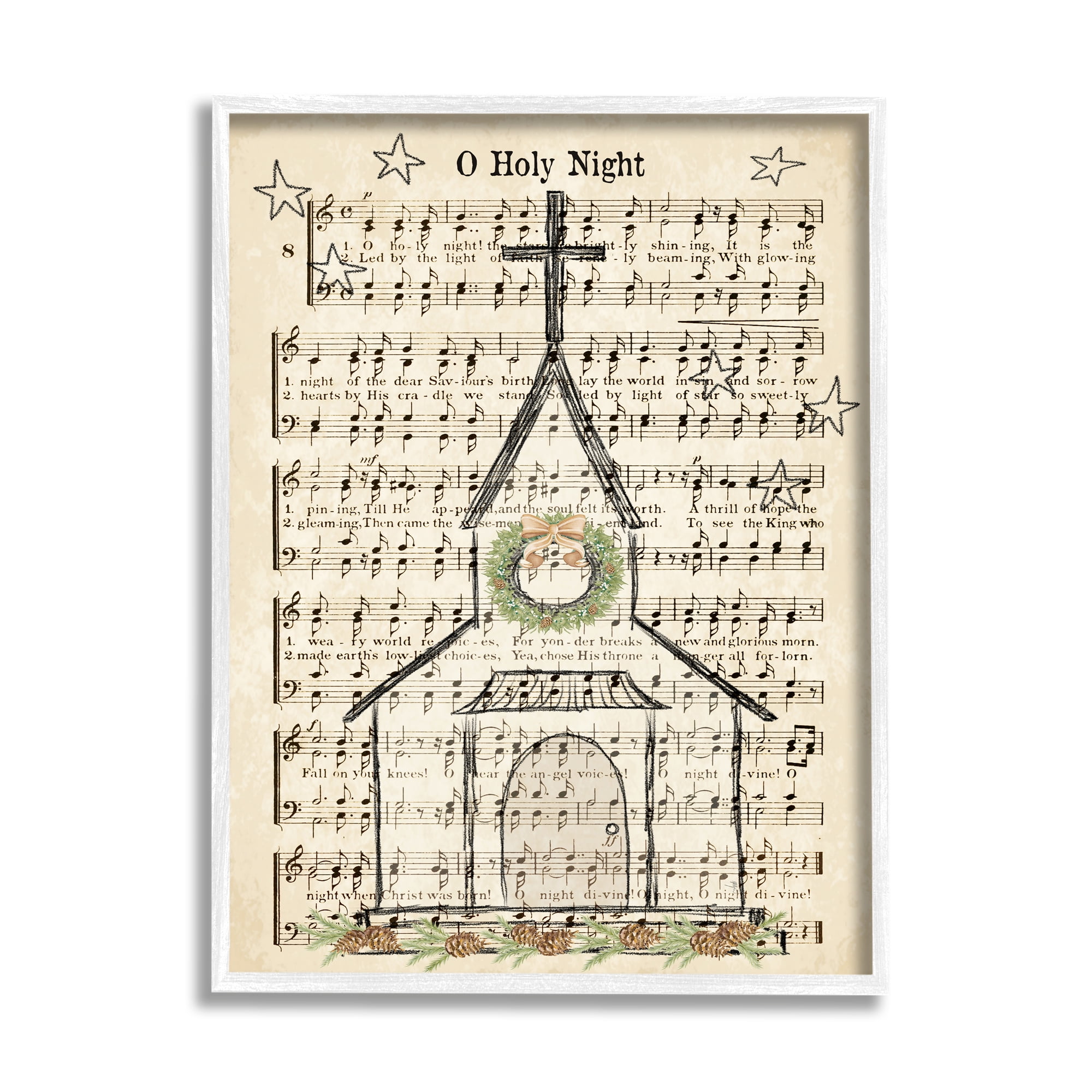 Stupell Industries Festive Winter Church Holy Night Musical Script Religious Painting White Framed Art Print Wall Art, 16 x 20