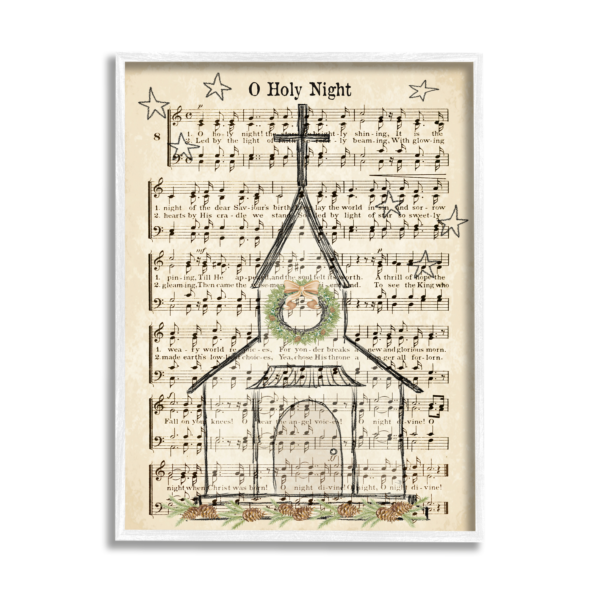 Stupell Industries Festive Winter Church Holy Night Musical Script Religious Painting White Framed Art Print Wall Art, 24 x 30