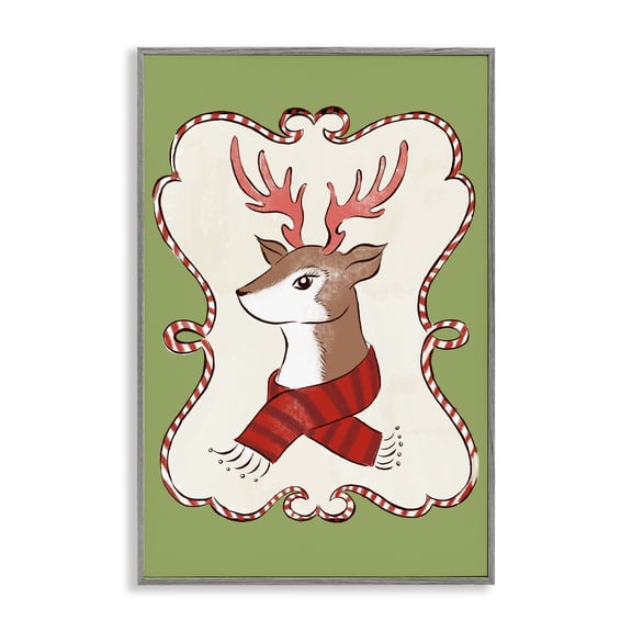 Stupell Industries Festive Winter Deer in Scarf Animals Painting Gray Framed Art Print Wall Art, 12 x 18