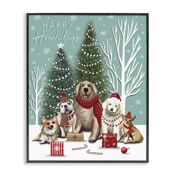 Stupell Industries Festive Winter Dogs Scene Animals Painting Black Framed Art Print Wall Art, 11 x 14