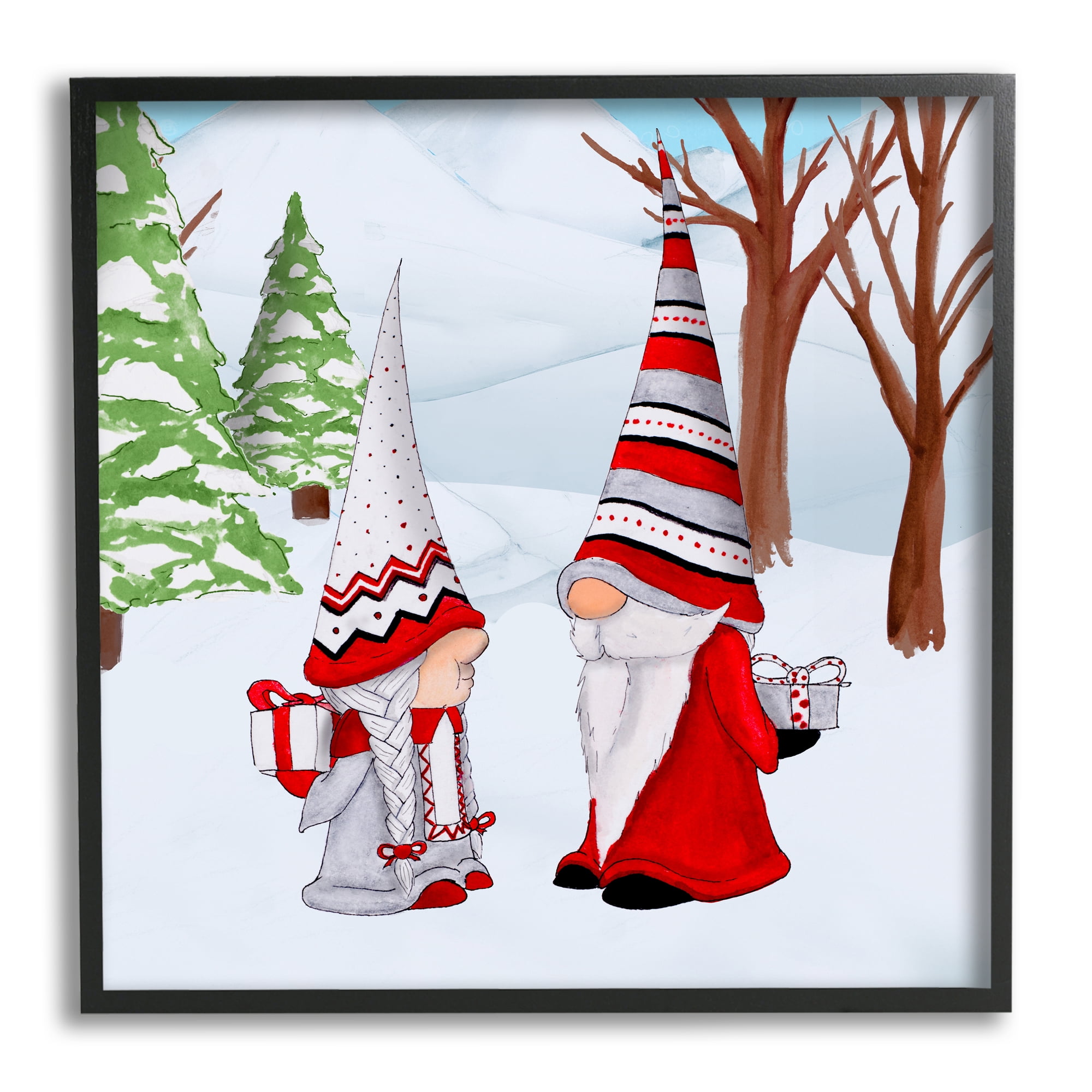 Stupell Industries Festive Winter Gnome Couple Holiday Presents Garden Elf Fairy Tales & Fantasy Painting Black Framed Art Print Wall Art, 24 x 24