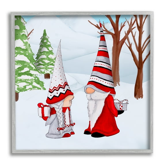Stupell Industries Festive Winter Gnome Couple Holiday Presents Garden Elf Fairy Tales & Fantasy Painting Gray Framed Art Print Wall Art, 24 x 24