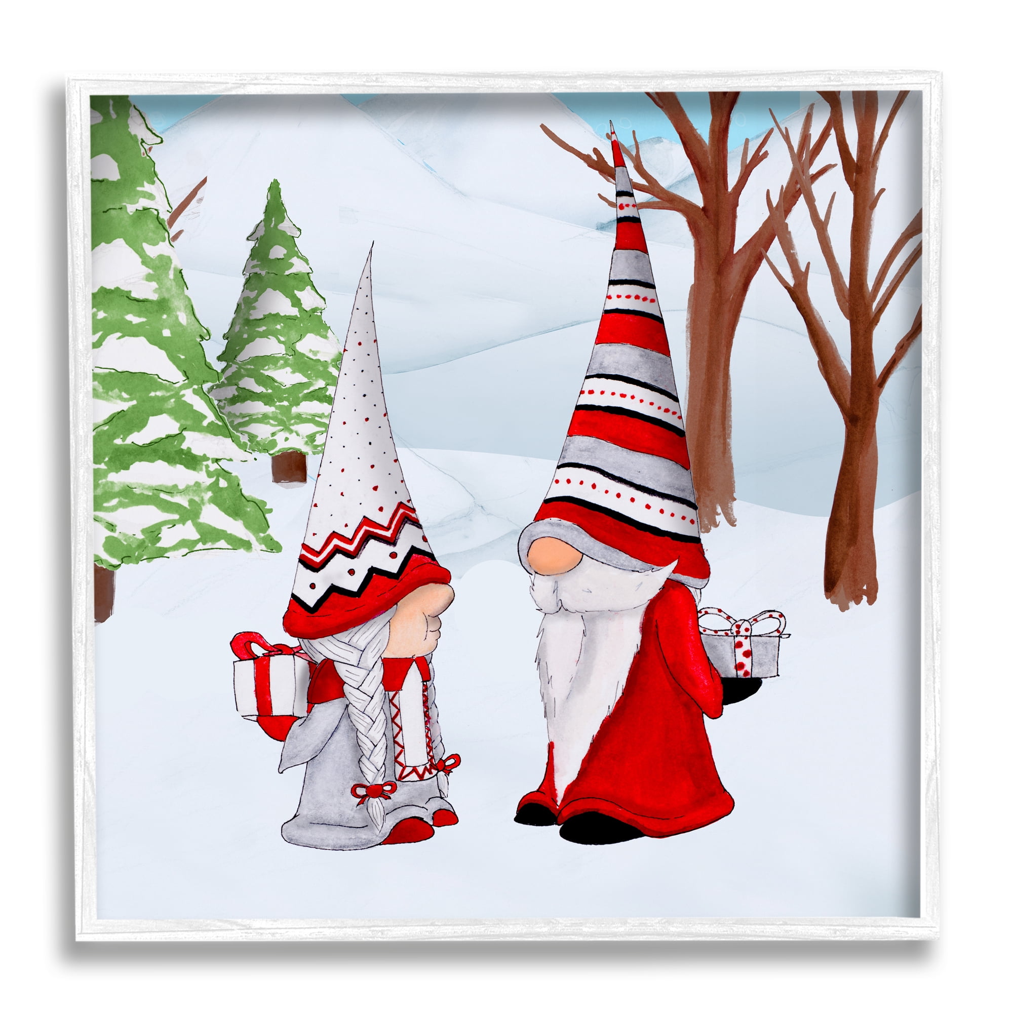 Stupell Industries Festive Winter Gnome Couple Holiday Presents Garden Elf Fairy Tales & Fantasy Painting White Framed Art Print Wall Art, 12 x 12