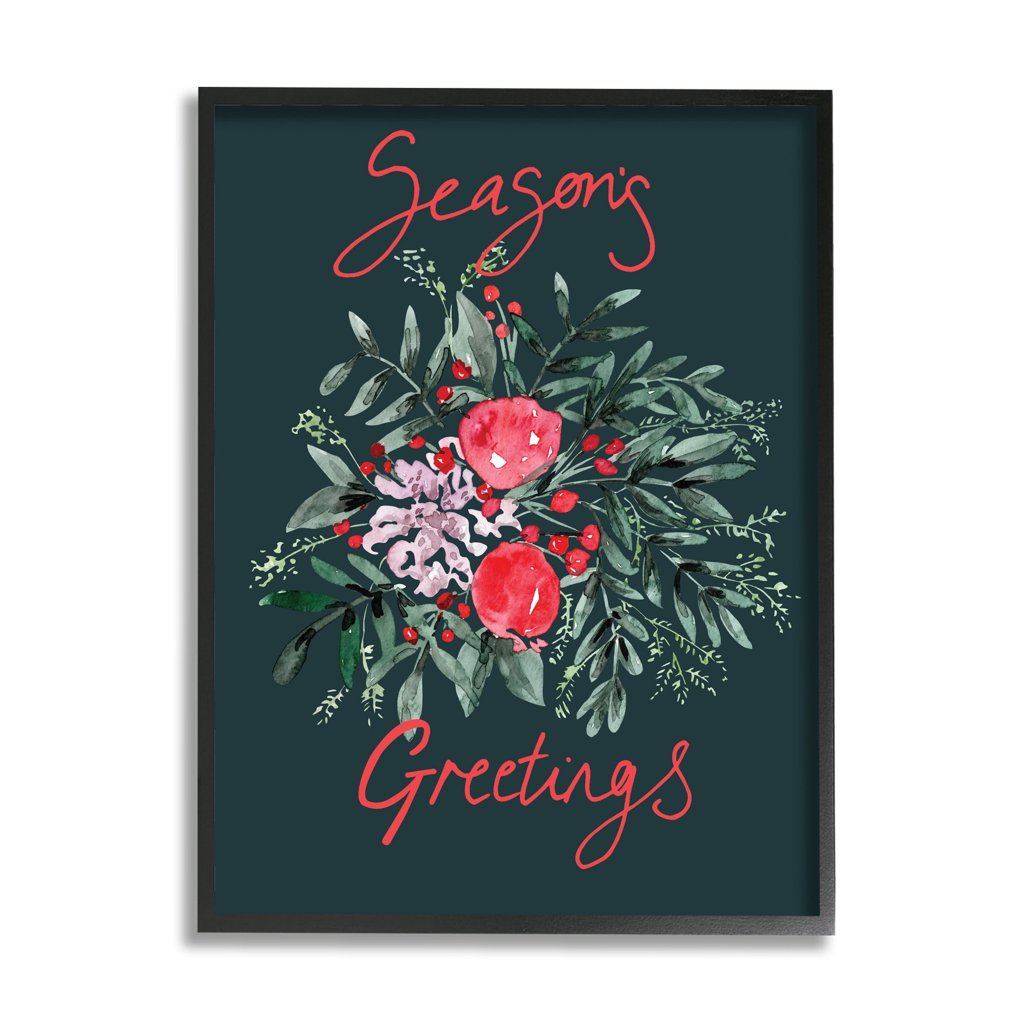 Stupell Industries Festive Winter Holly Wreath Season's Greetings Sentiment Botanical & Floral Painting Black Framed Art Print Wall Art, 24 x 30