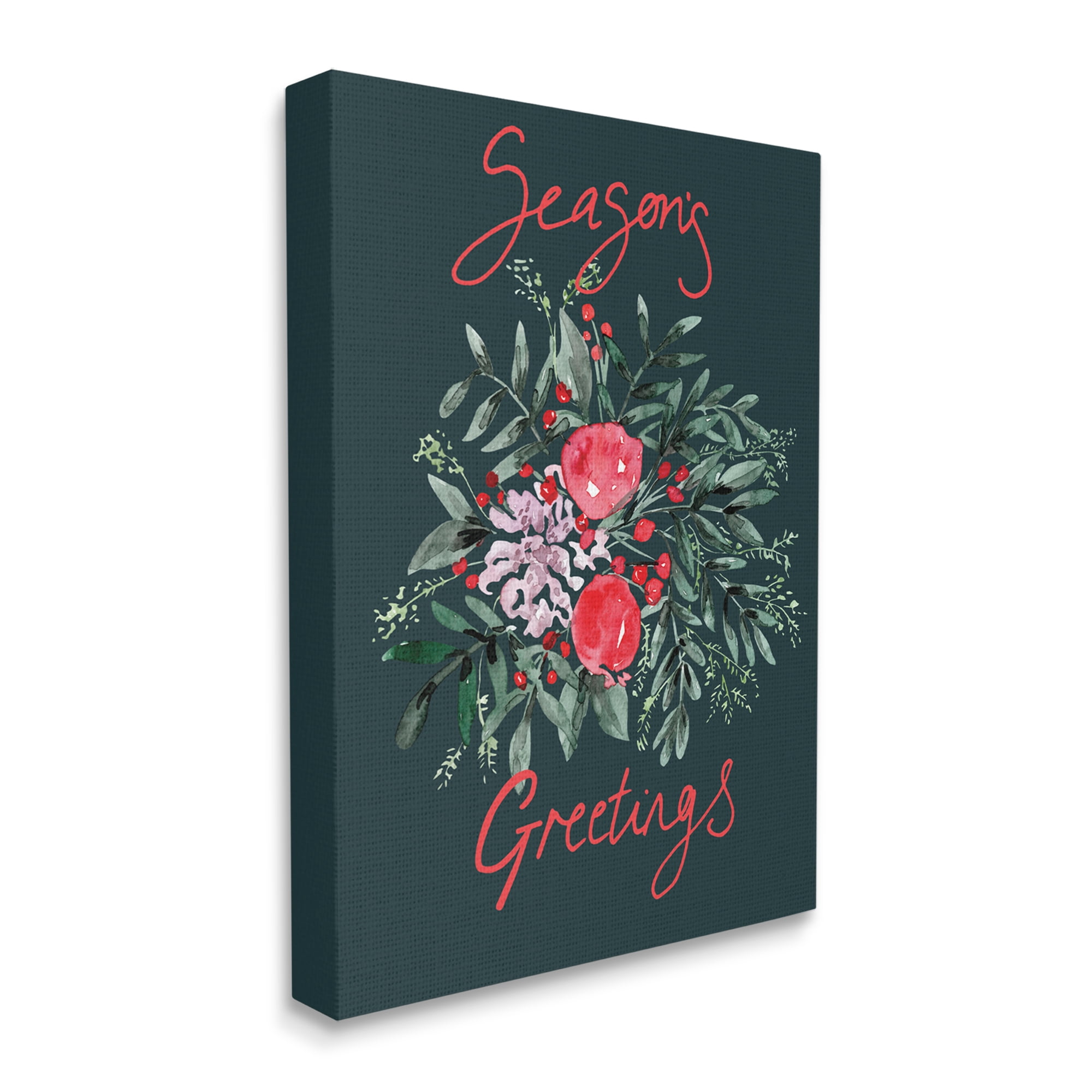 Stupell Industries Festive Winter Holly Wreath Season's Greetings Sentiment Botanical & Floral Painting Gallery Wrapped Canvas Print Wall Art, 30 x 40
