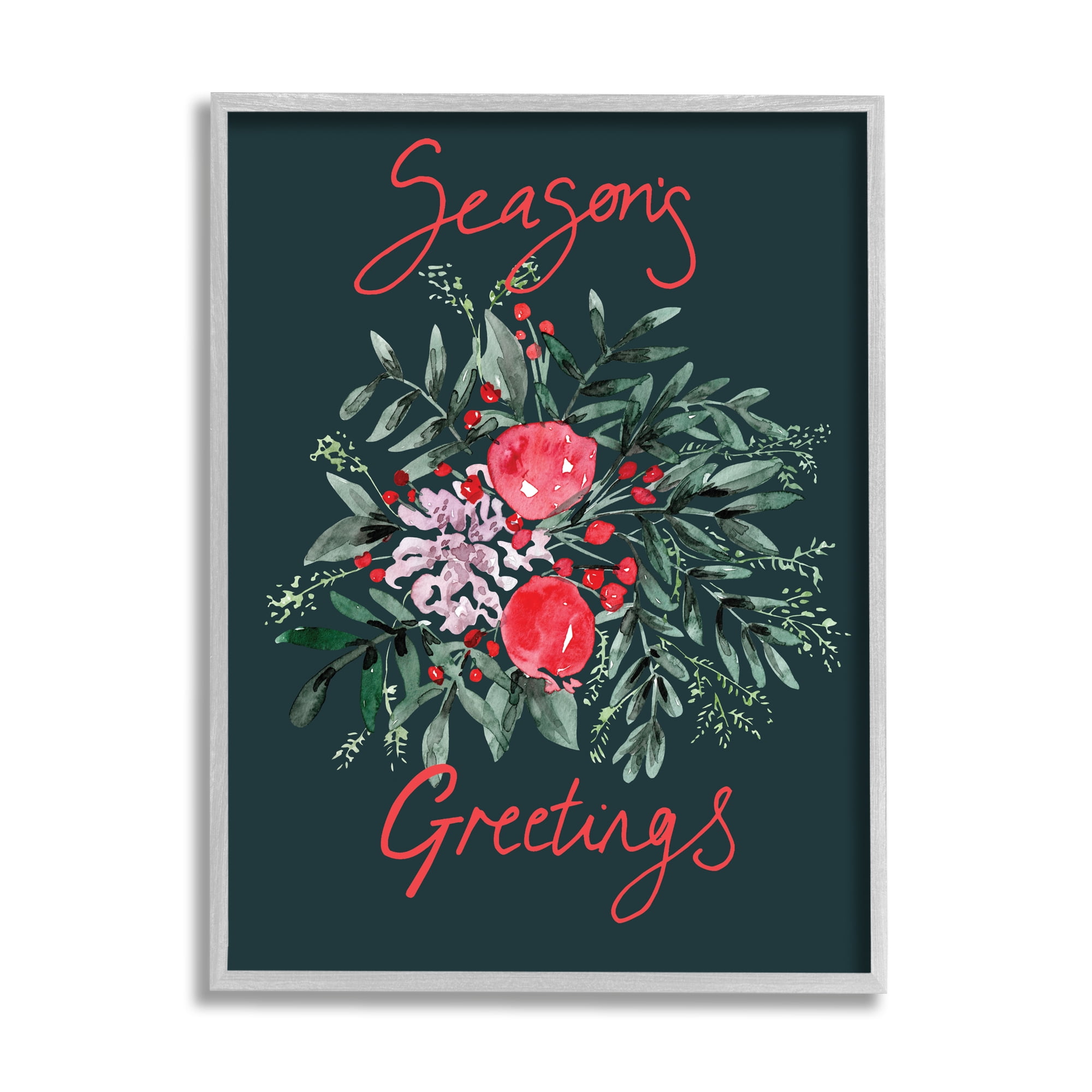 Stupell Industries Festive Winter Holly Wreath Season's Greetings Sentiment Botanical & Floral Painting Gray Framed Art Print Wall Art, 24 x 30
