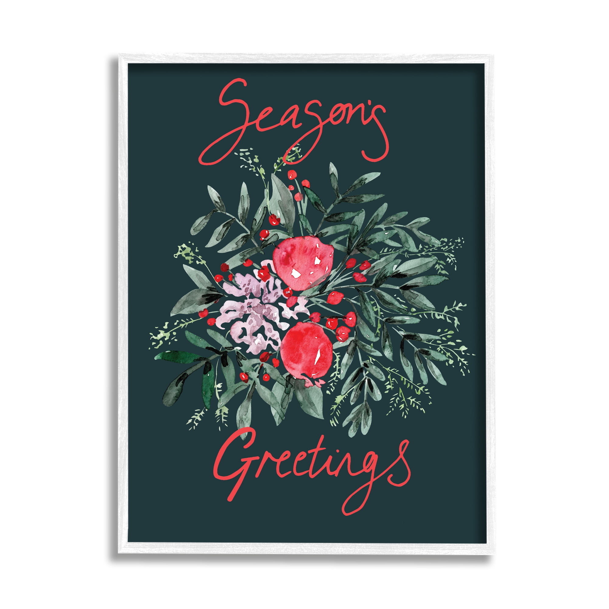 Stupell Industries Festive Winter Holly Wreath Season's Greetings Sentiment Botanical & Floral Painting White Framed Art Print Wall Art, 16 x 20