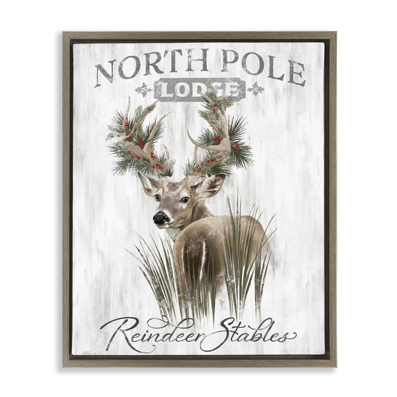 Stupell Industries Festive Winter Reindeer Lodge Animals Painting Brown Floater Framed Canvas Art Print Wall Art, 17 x 21