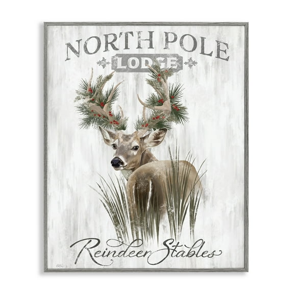 Stupell Industries Festive Winter Reindeer Lodge Animals Painting Gray Framed Art Print Wall Art, 16 x 20