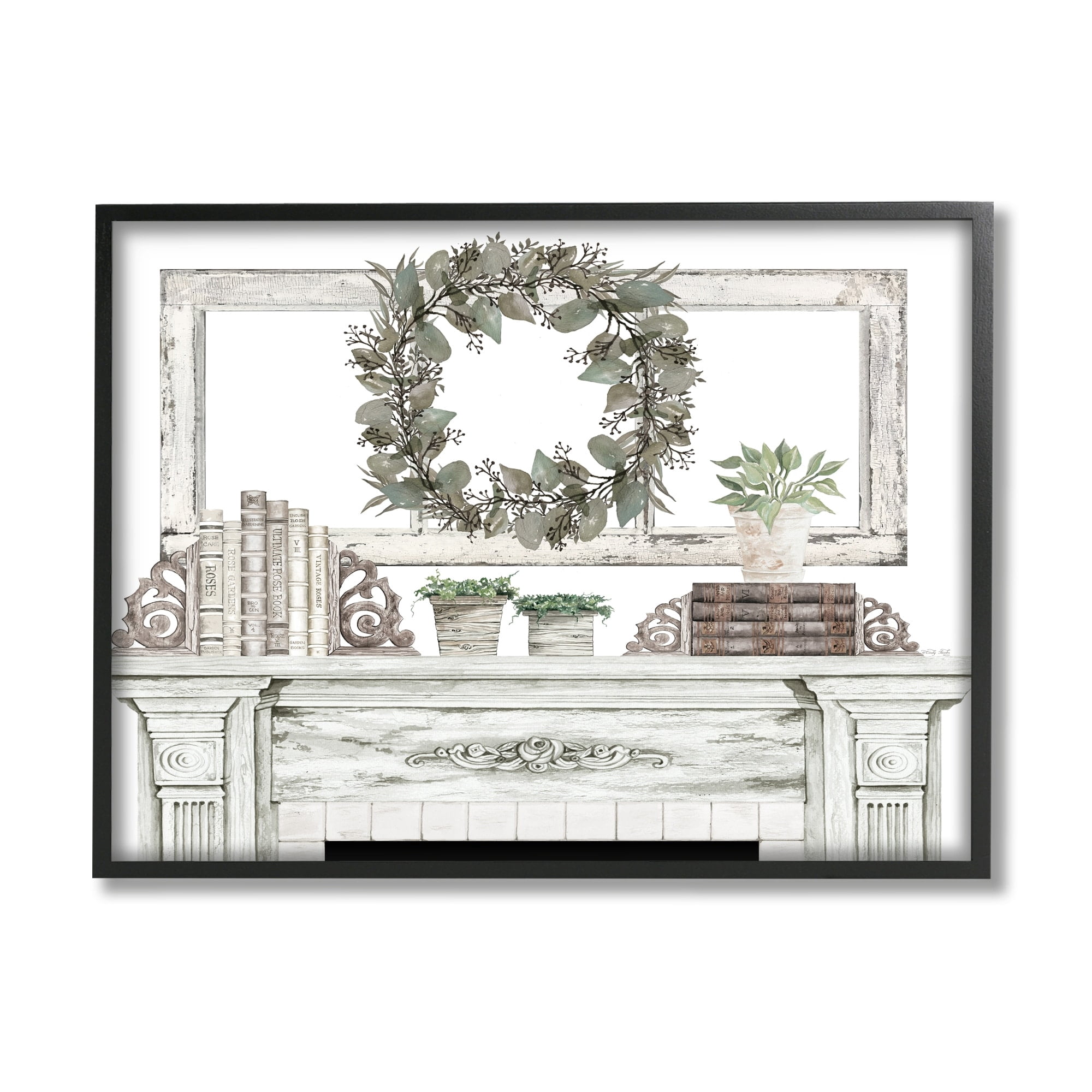 Stupell Industries Festive Wreath Cozy Fireplace Mantel Rustic Design Graphic Art Black Framed Art Print Wall Art, Design by Cindy Jacobs