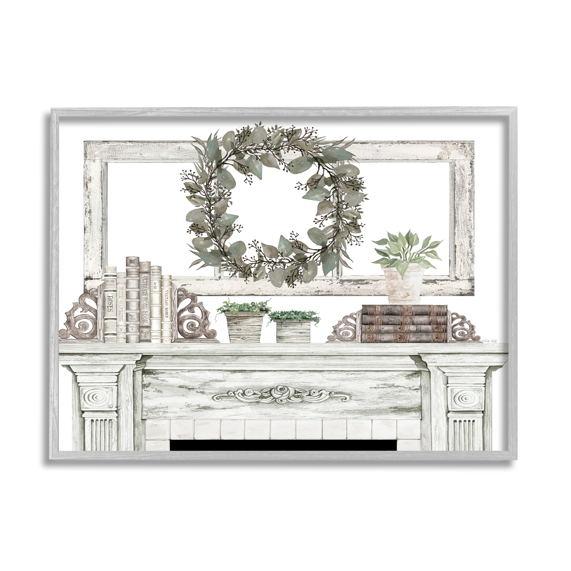 Stupell Industries Festive Wreath Cozy Fireplace Mantel Rustic Design Graphic Art Gray Framed Art Print Wall Art, Design by Cindy Jacobs