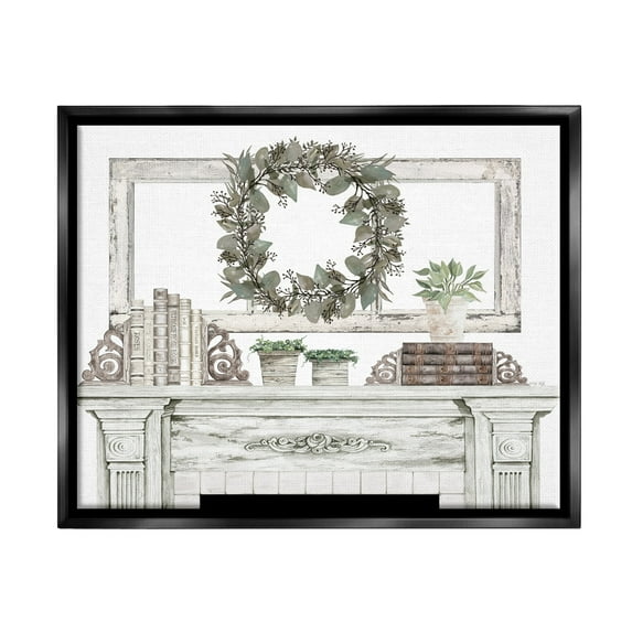 Stupell Industries Festive Wreath Cozy Fireplace Mantel Rustic Design Graphic Art Jet Black Floating Framed Canvas Print Wall Art, Design by Cindy Jacobs