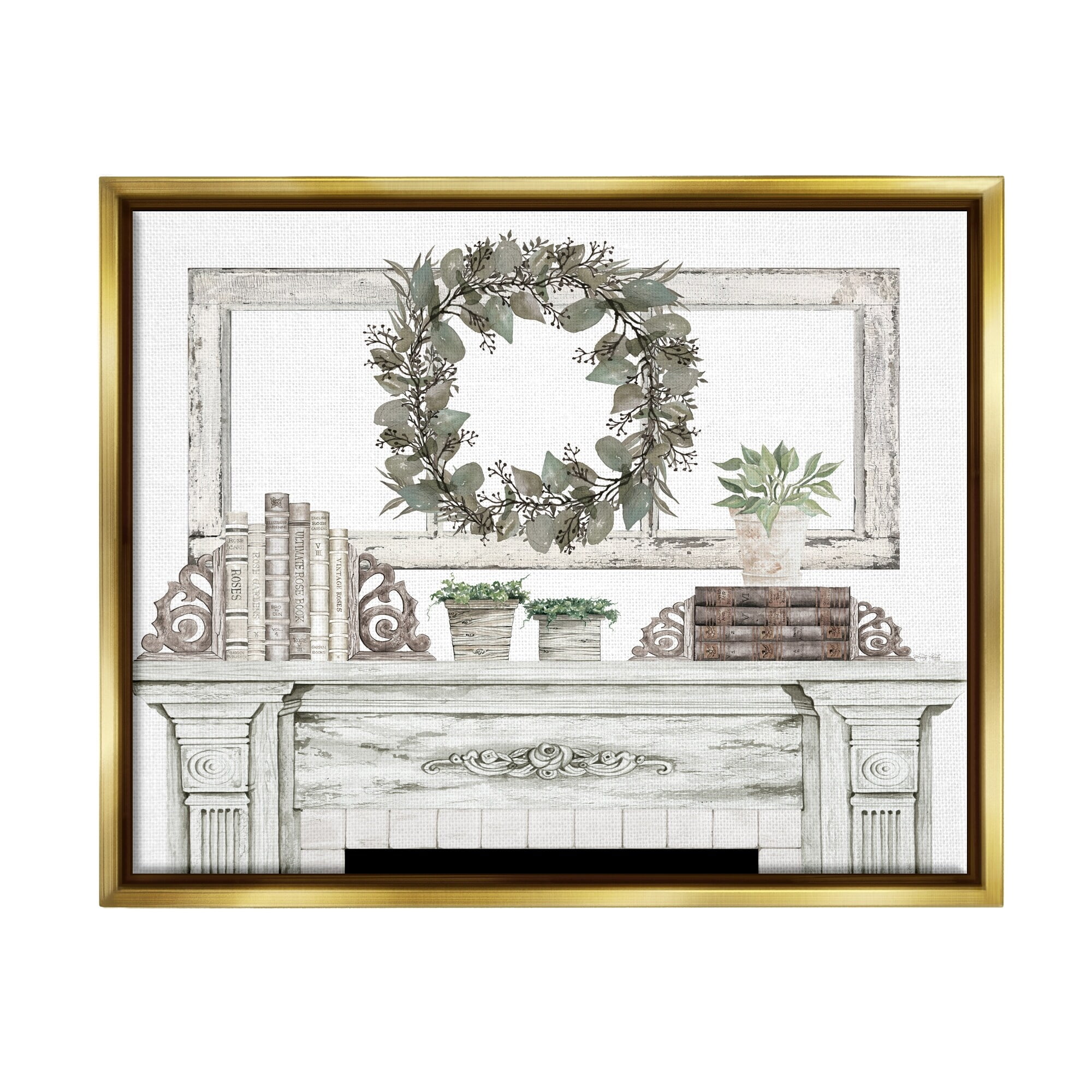Stupell Industries Festive Wreath Cozy Fireplace Mantel Rustic Design Graphic Art Metallic Gold Floating Framed Canvas Print Wall Art, Design by Cindy Jacobs