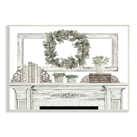 Stupell Industries Festive Wreath Cozy Fireplace Mantel Rustic Design Graphic Art Unframed Art Print Wall Art, Design by Cindy Jacobs