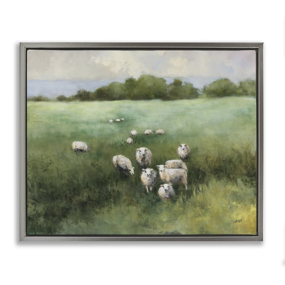 Stupell Industries Field Day Sheep Landscape & Nature Painting Gray Floater Framed Canvas Art Print Wall Art, 21 x 17