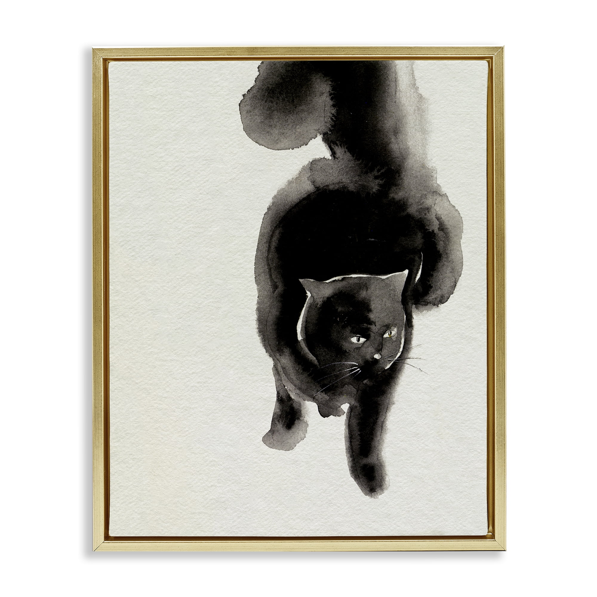 Stupell Industries Fierce Black Cat Animals Painting Gold Floater Framed Canvas Art Print Wall Art, 17 x 21
