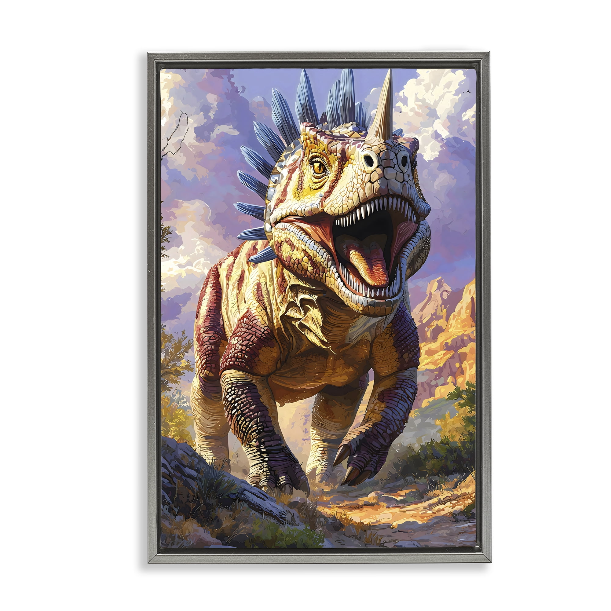 Stupell Industries Fierce Horned Dinosaur Gray Framed Floater Canvas Wall Art, design by Creative Studio