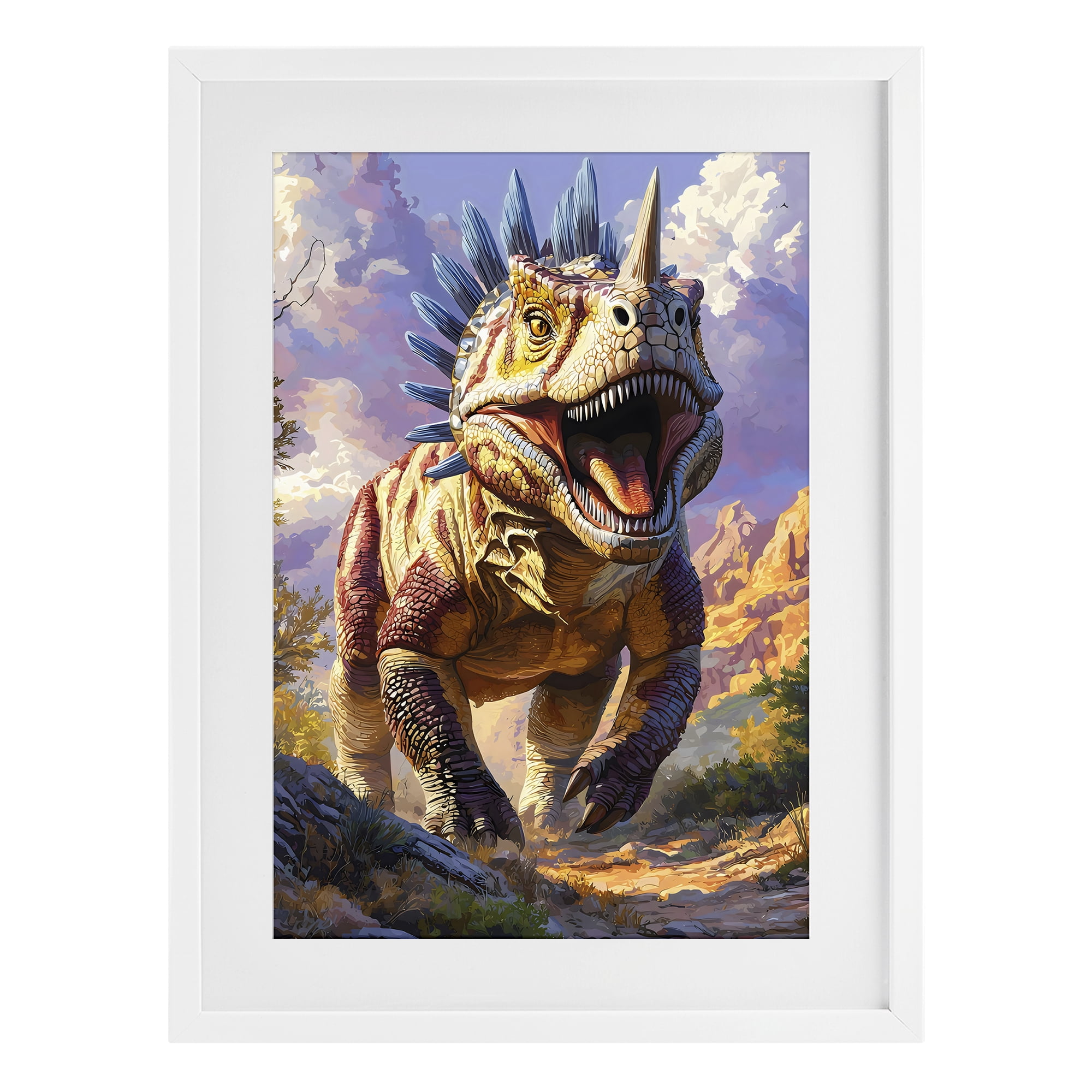 Stupell Industries Fierce Horned Dinosaur White Framed Print Under Glass, design by Creative Studio