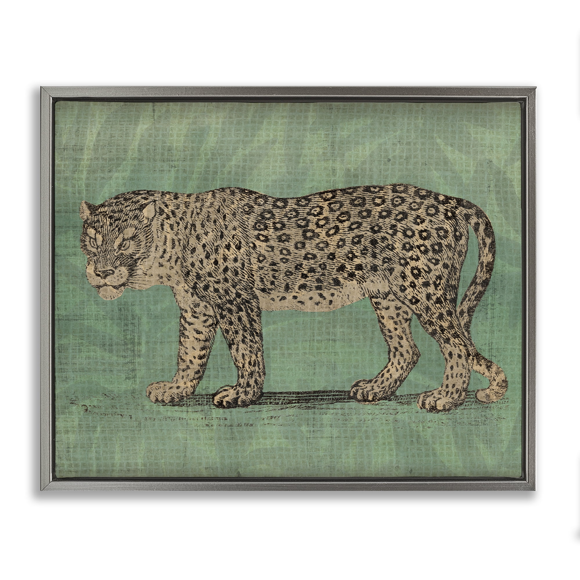 Stupell Industries Fierce Leopard on Green Animals & Insects Painting Gray Floater Framed Canvas Art Print Wall Art, 31 x 25