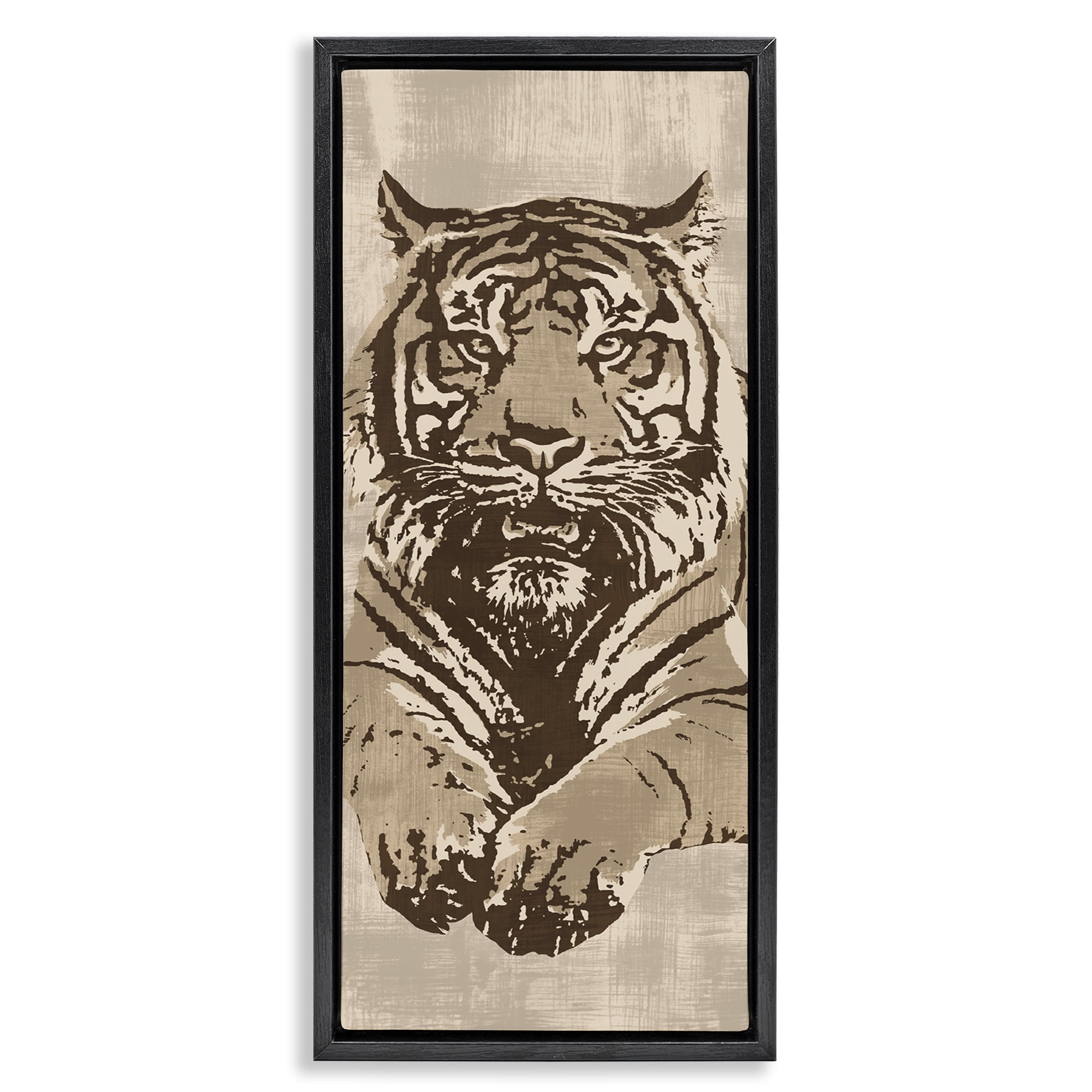 Stupell Industries Fierce Tiger Baring Teeth Animals Painting Black Floater Framed Canvas Art Print Wall Art, 11 x 25