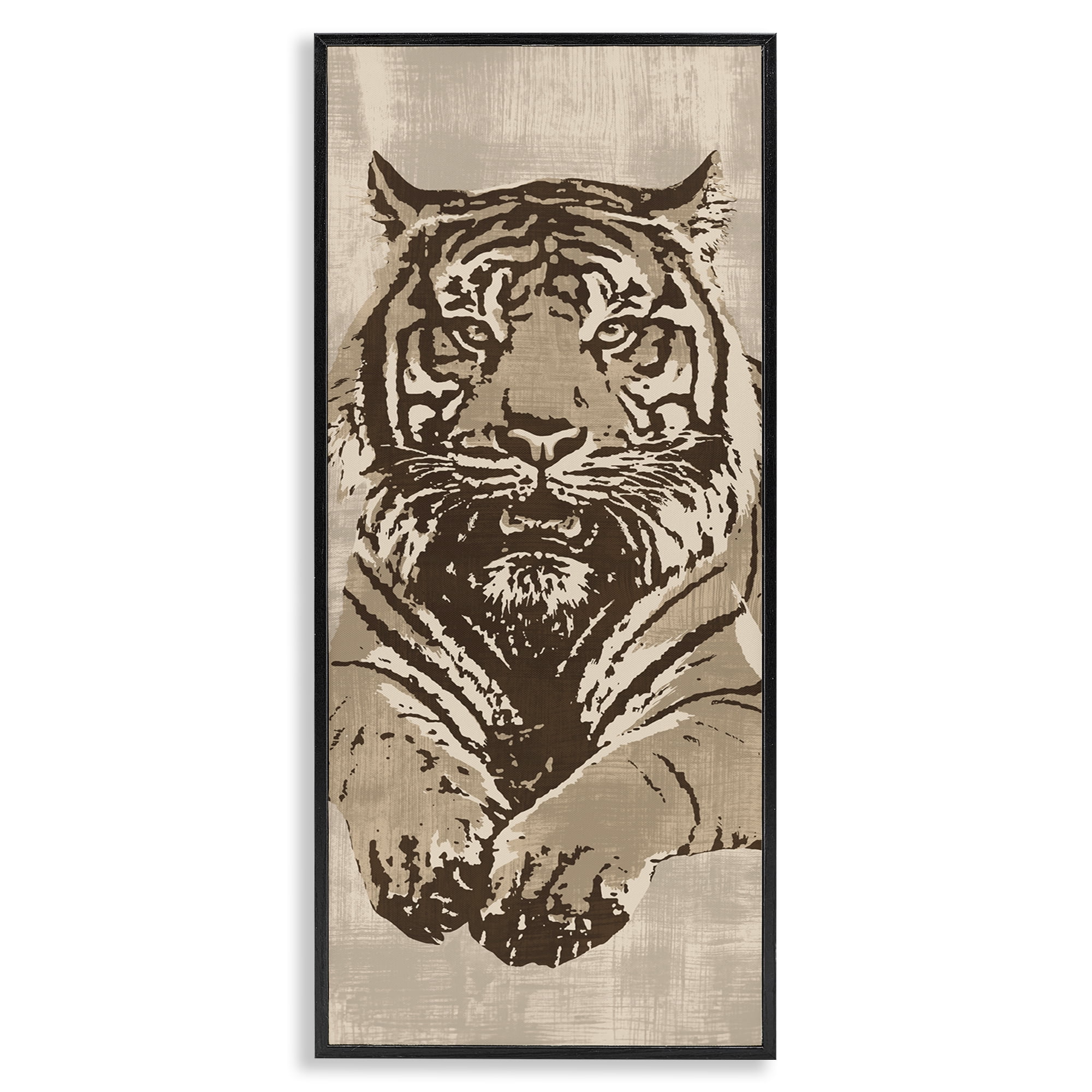 Stupell Industries Fierce Tiger Baring Teeth Animals Painting Black Framed Art Print Wall Art, 10 x 24