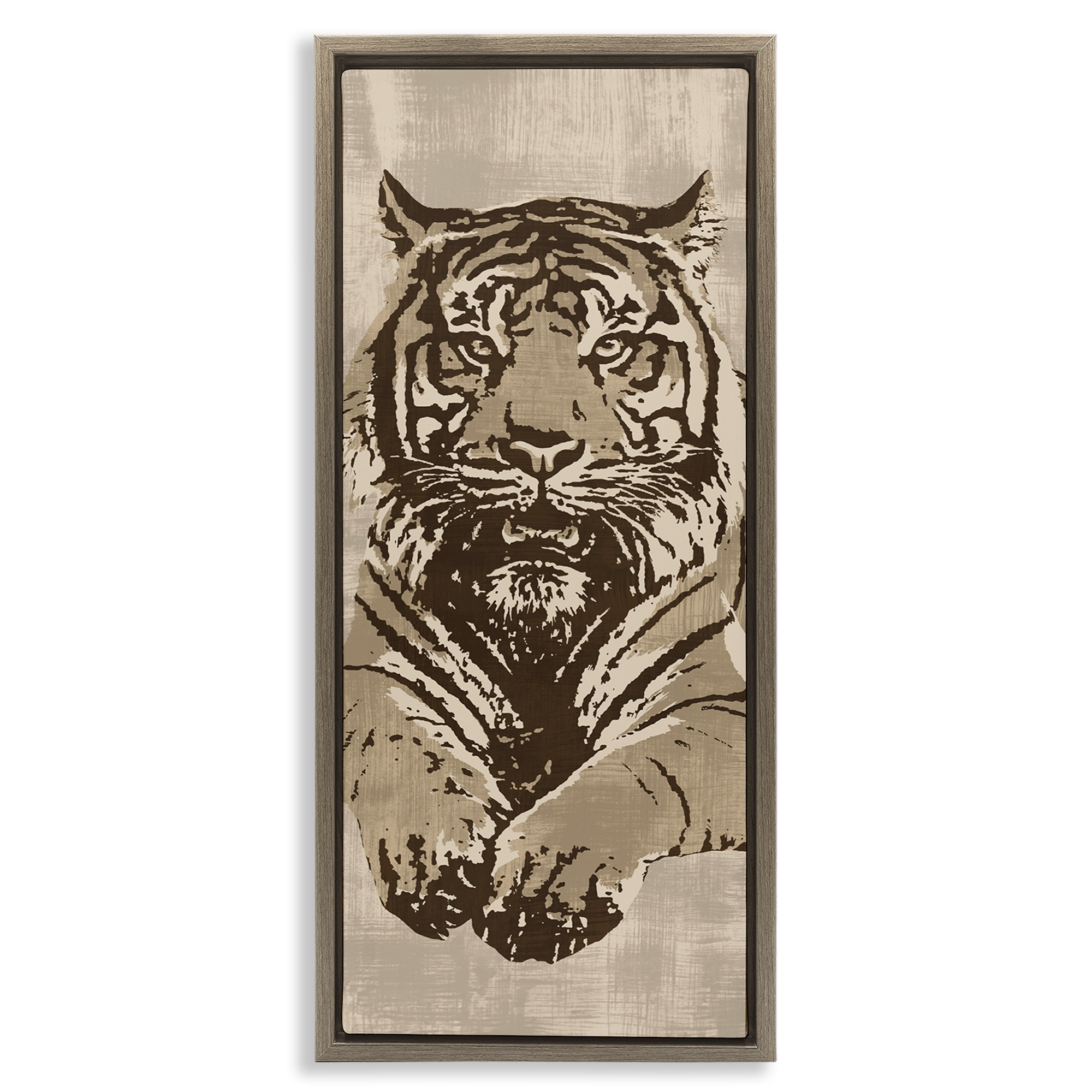 Stupell Industries Fierce Tiger Baring Teeth Animals Painting Brown Floater Framed Canvas Art Print Wall Art, 11 x 25