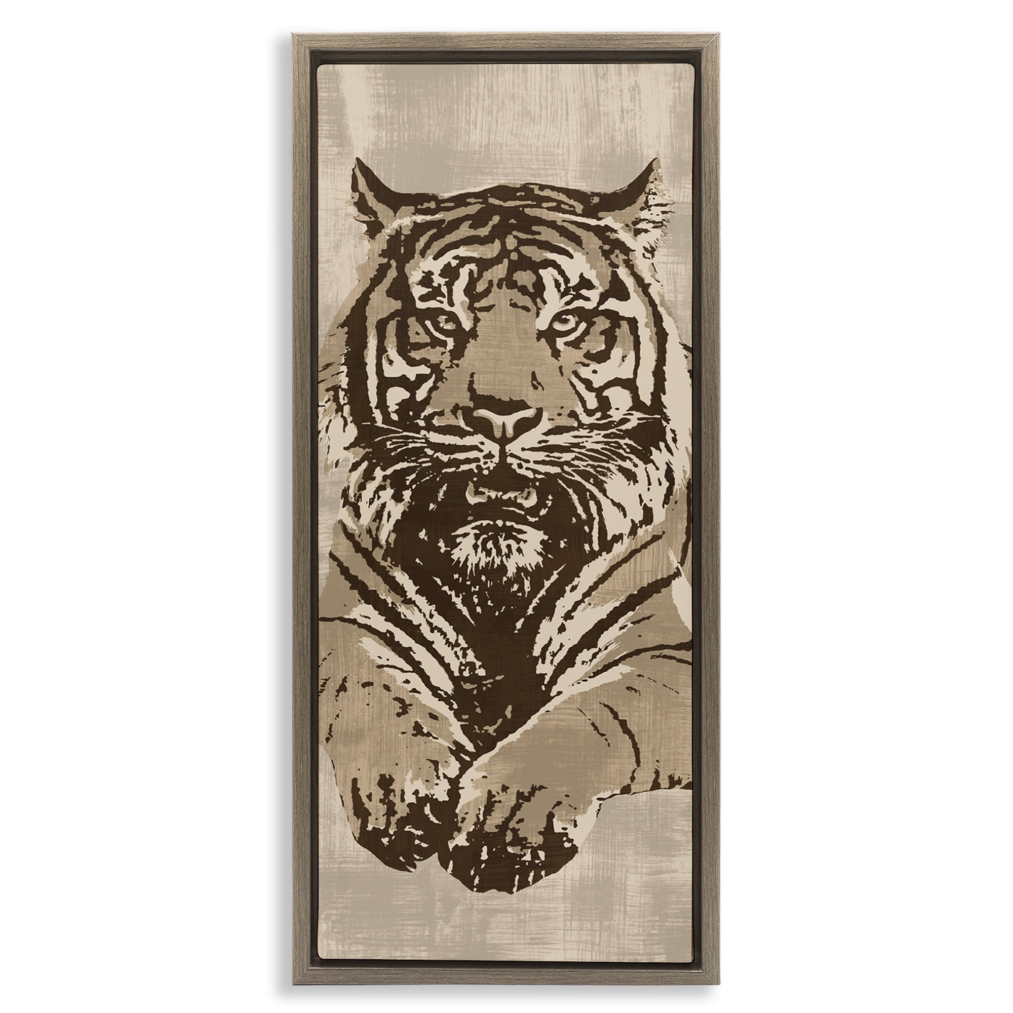 Stupell Industries Fierce Tiger Baring Teeth Animals Painting Brown Floater Framed Canvas Art Print Wall Art, 14 x 31